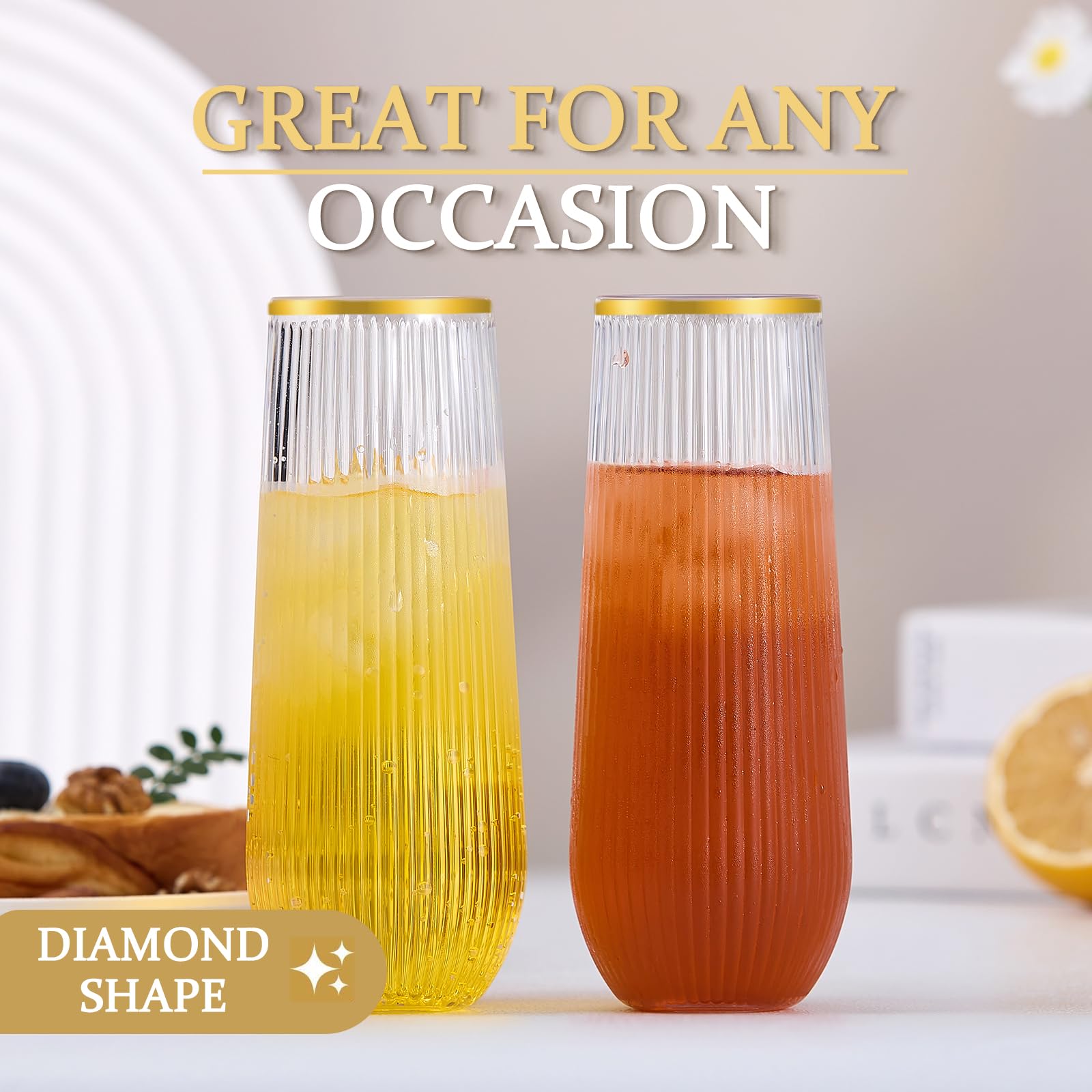 Paquete de 48 copas de champán desechables de plástico transparente de 9 onzas, copas de champán de plástico transparente con borde dorado, irrompibles para fiestas, bodas, cumpleaños