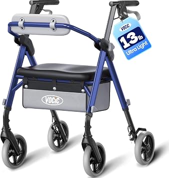 VOCIC Z12 Walker for Seniors with Seat, 13.4 LBS Ultra Light, 350 LBS | Ergo Seat & Backrest Provide Comfort, Height Adjustable & Easily Foldable for Seniors, All Terrain Wheels, Blue