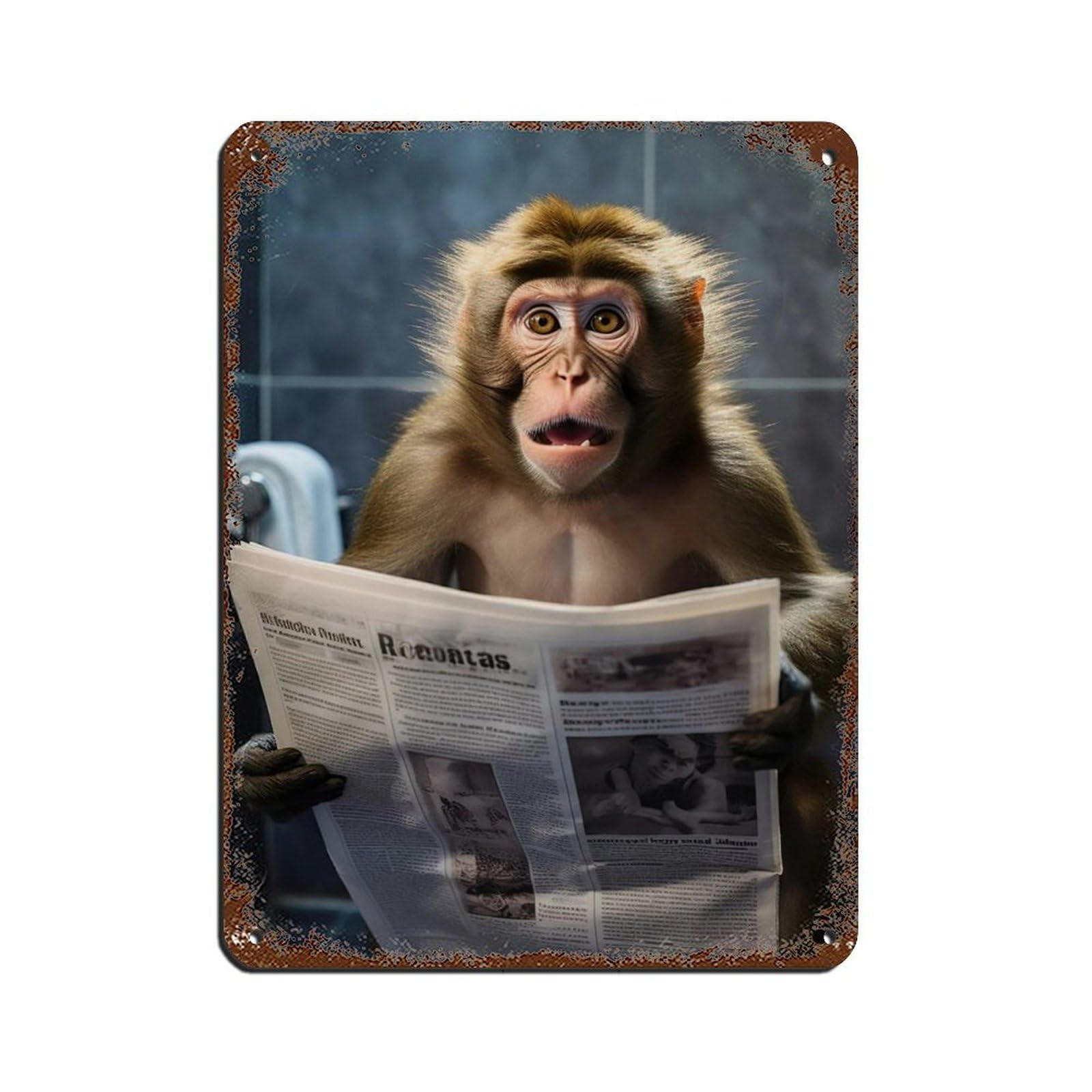Macaque Monkey Sitting on The Toilet Reading A Newspaper Retro Poster Metal Tin Sign Chic Art Retro Iron Painting Bar People Cave Cafe Family Garage Poster Wall Decoration 12x16inch(30x40cm)