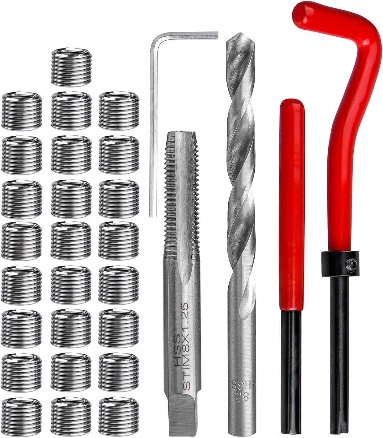 30Pcs M8 Thread Repair Kit Metric M8 x 1.25 Helical Coil Inserts Stripped Thread Repair Damaged Screw Threads Rethreading Drill Bit Taps Helicoil Kit Repairing Tool