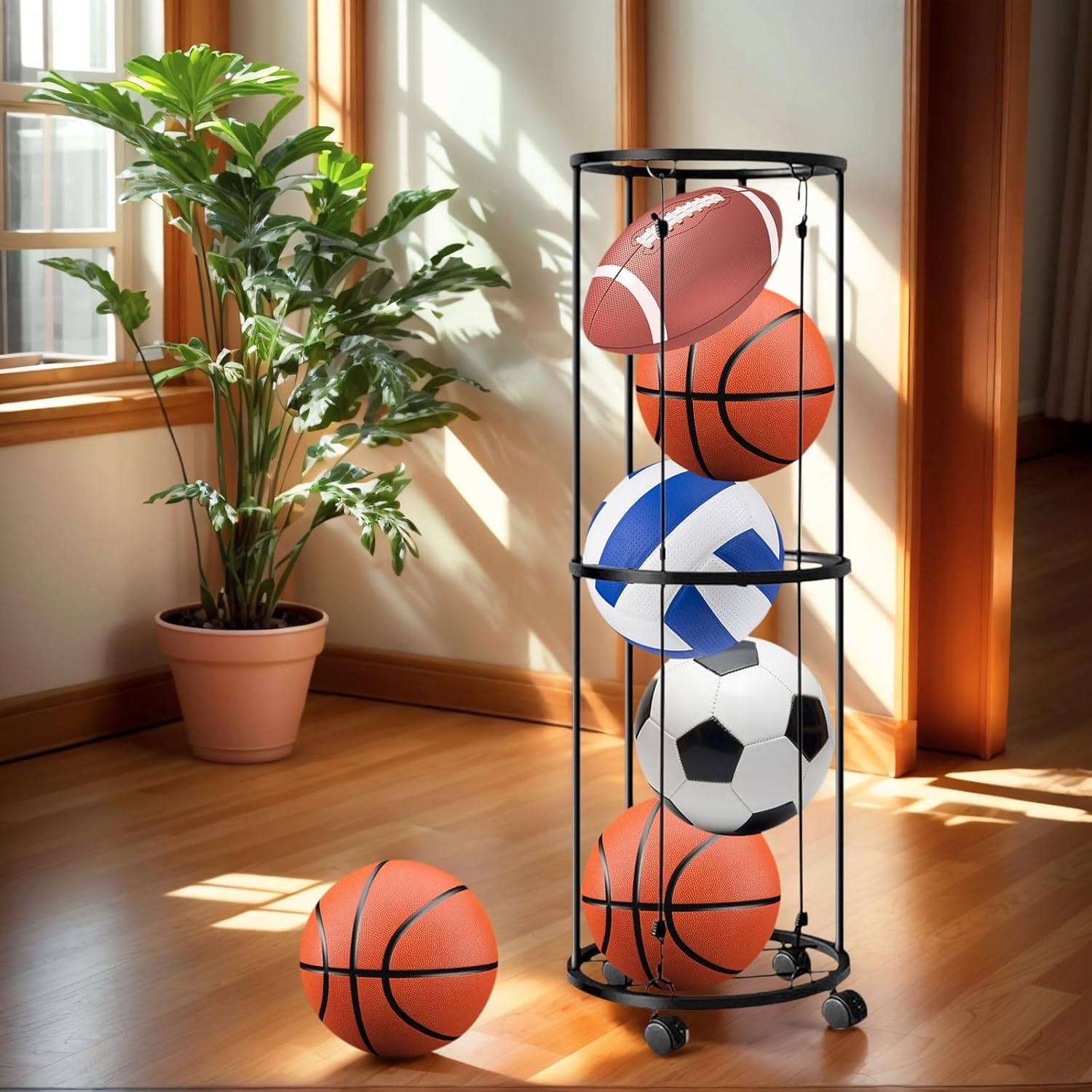 Adjustable Vertical Sports Equipment Storage Rack Mobile Basketball Football Holder with Sturdy Steel Frame Daily Use Basketball Storage Systems