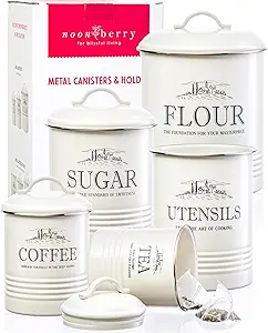 Set of 5 Canisters for Kitchen Counter, White Containers, Airtight Coffee Tea Flour Sugar Canisters Set & Utensil Holder for the Kitchen Countertop