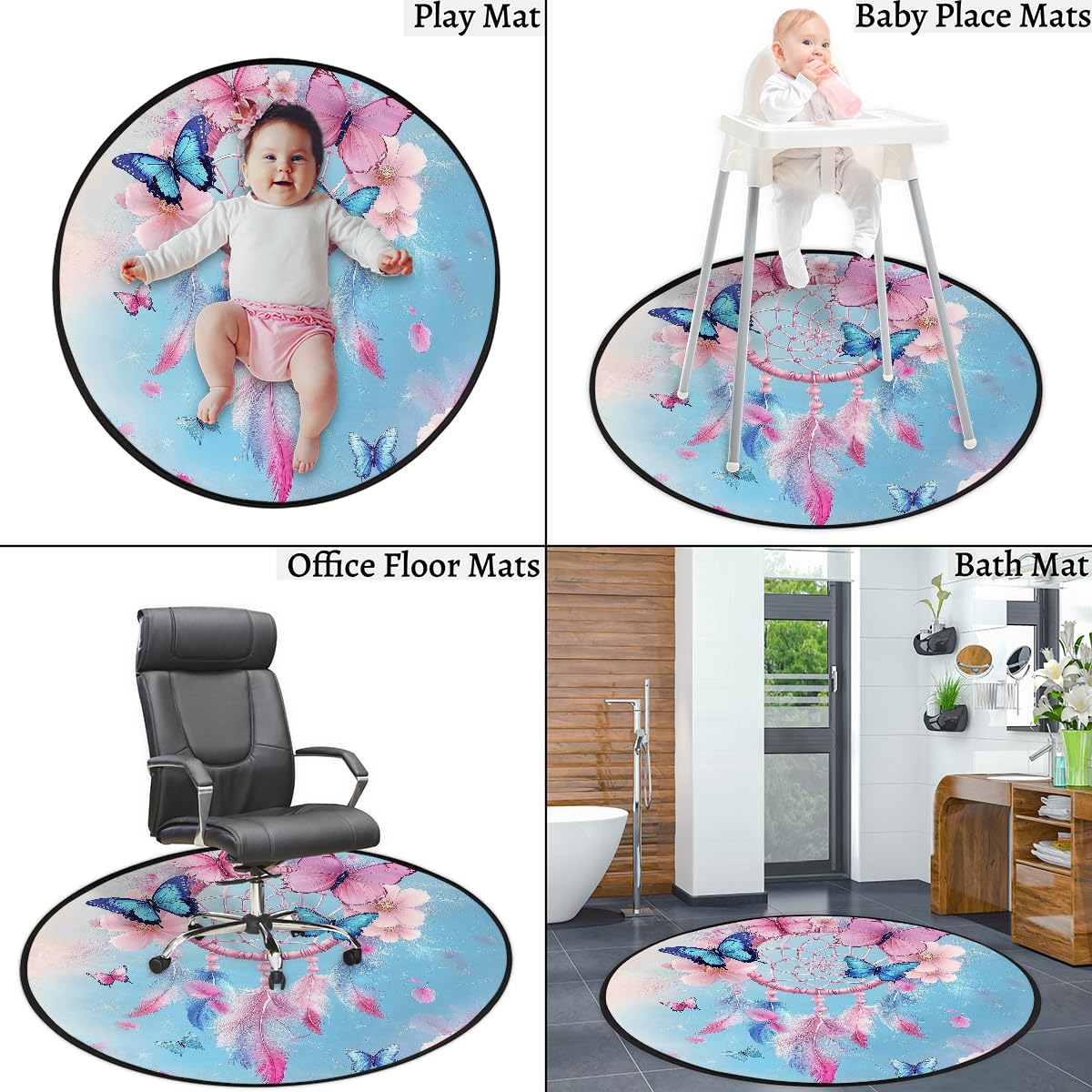 Traumfänger-Teppich mit Schmetterlingen, rund, waschbar, Gaming-Teppich für Schlafzimmer, Wohnzimmer, Arbeitszimmer, Bodenmatte, 160 cm