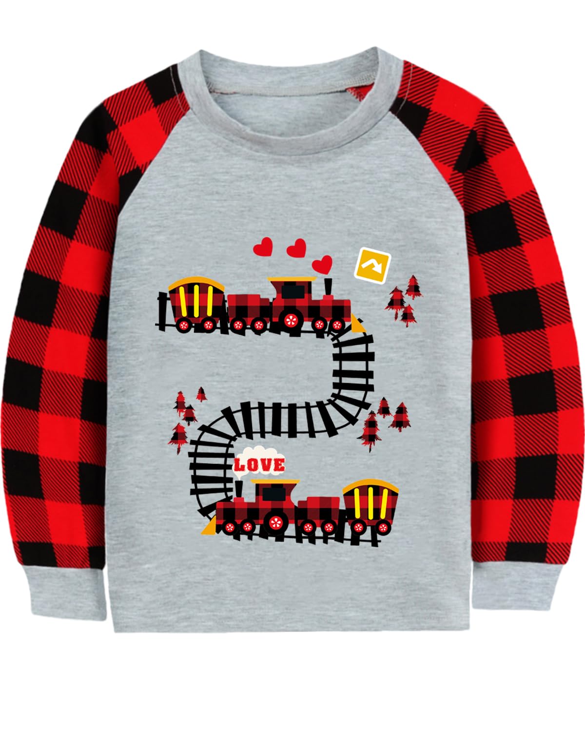 CM-Kid Toddler Boys Valentine Shirt Monster Truck Dino Train Heart Tshirt Red Plaid Long Sleeve Tops for Kids 2-7 Years