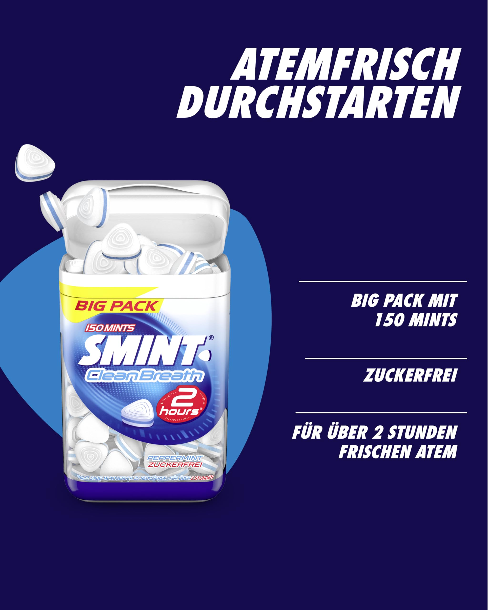 Smint 2H Clean Breath Peppermint, 8 Big-Pack Dosen mit je 150 Minz-Pastillen, zuckerfreie Mints für über 2 Stunden frischen Atem (8 x 150 Stück)