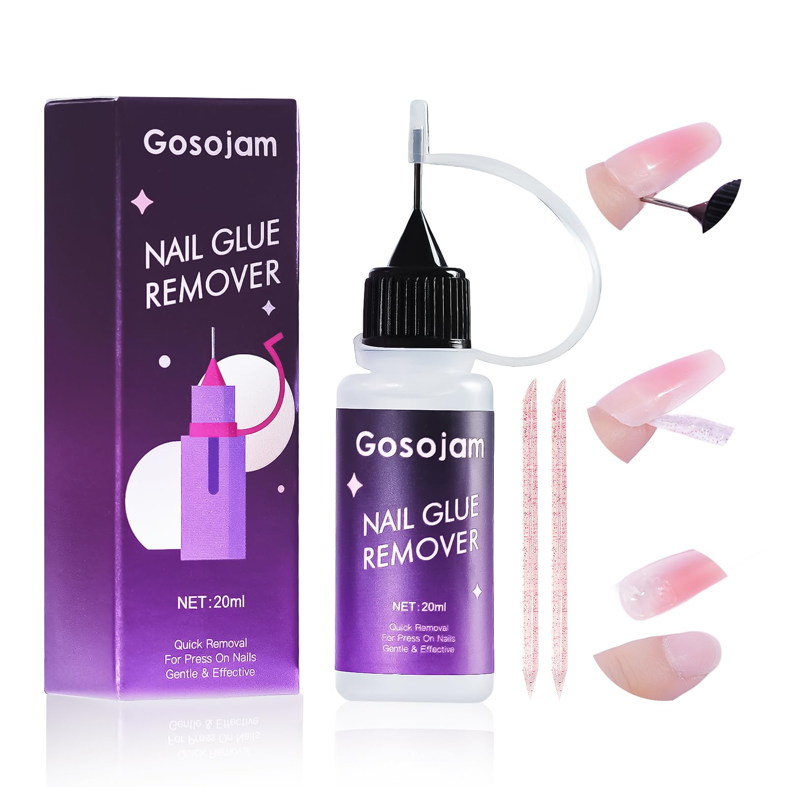 Nail Glue Remover for Press-On & Acrylic Nails, Acetone-Free, Odorless, Non-Oily, Works with All Nail Adhesives Types — Fast on Solid Glue & Jelly Tabs, Pinpoint Precision Syringe Tip, 20 ml