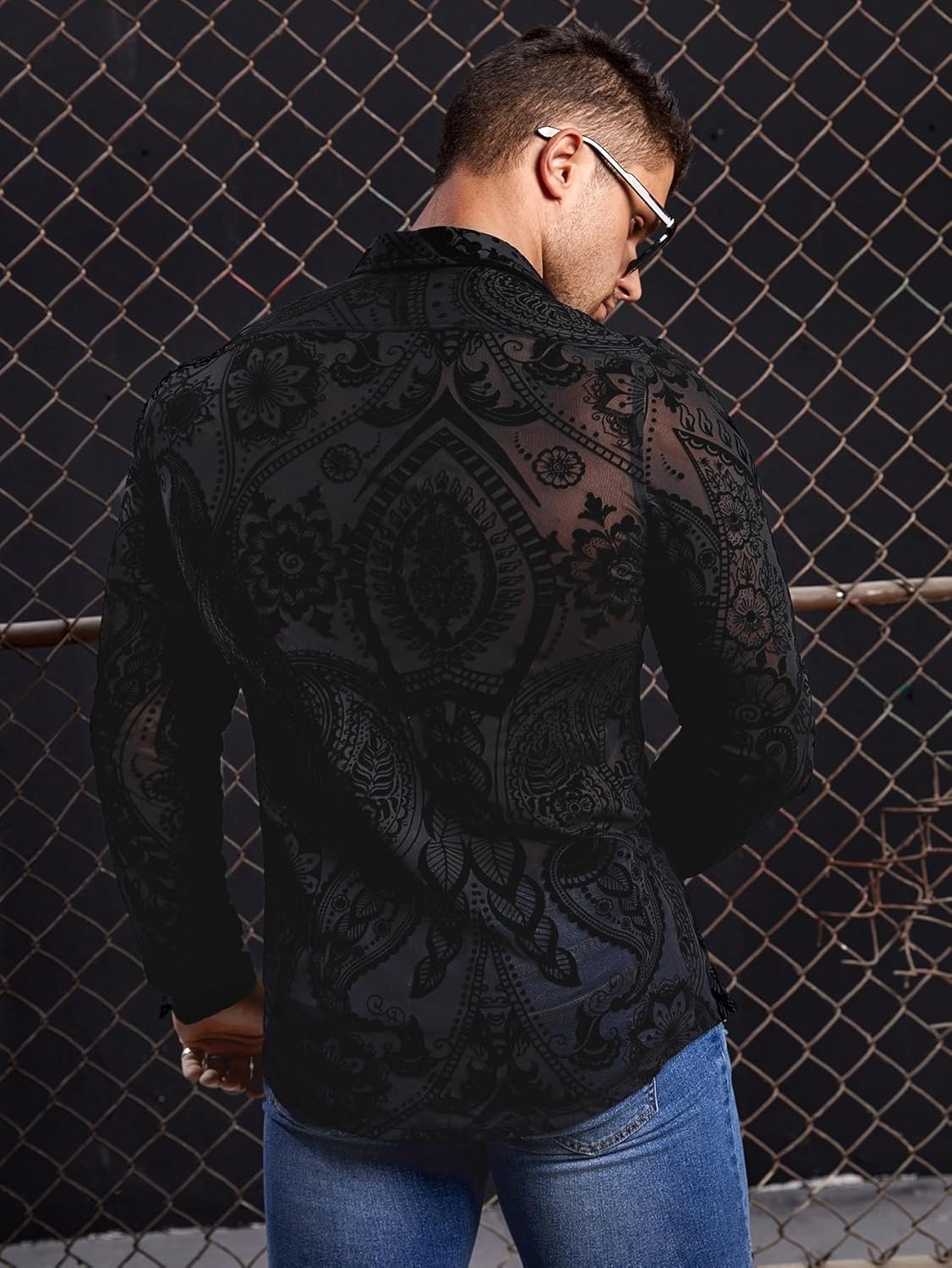WDIRARA Men's Floral Paisley Print Mesh Button Down See Through Slim Fit Party Shirt Top Tee - Image 2