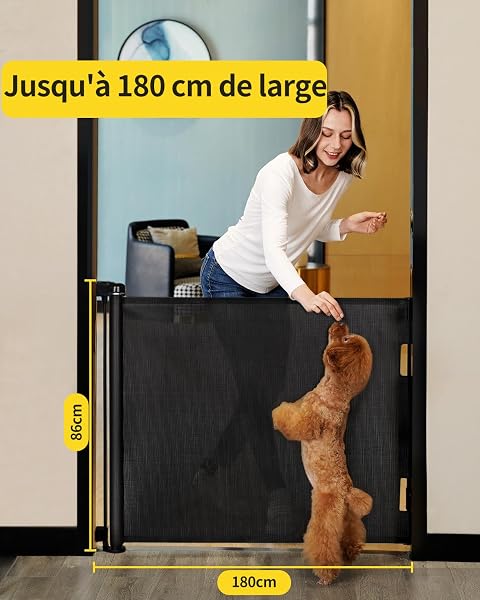 Barrière de Sécurité Rétractable pour Bébé et Animaux Chiens, Extensible de 0-180cm, Porte de Sécurité pour Escaliers, Couloirs et Portes – Utilisation Intérieure et Extérieure noir - 2