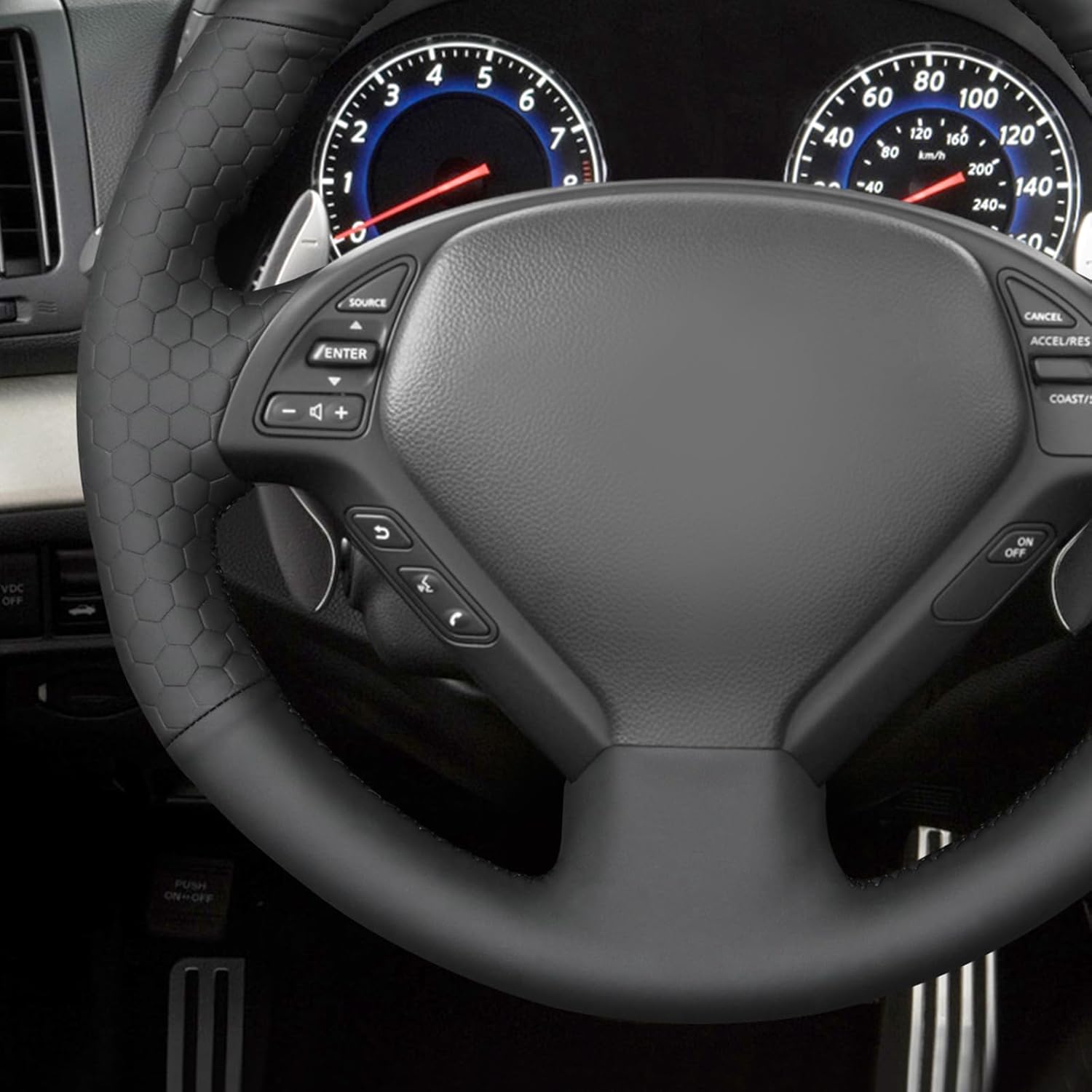 MEWANT Hand Sew Black Solid Embossed Artificial Leather Steering Wheel Cover for Infiniti G25 G35 G37 EX35 EX37 Q60 QX50