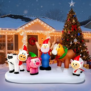 8FT Christmas Inflatables Santa Claus with Clydesdale Cow Pig and Sheep on The Farm Decoration, Xmas Blow Up Santa with Animals Built-in 5 Bright LEDs for Christmas Outdoor Yard Decoration
