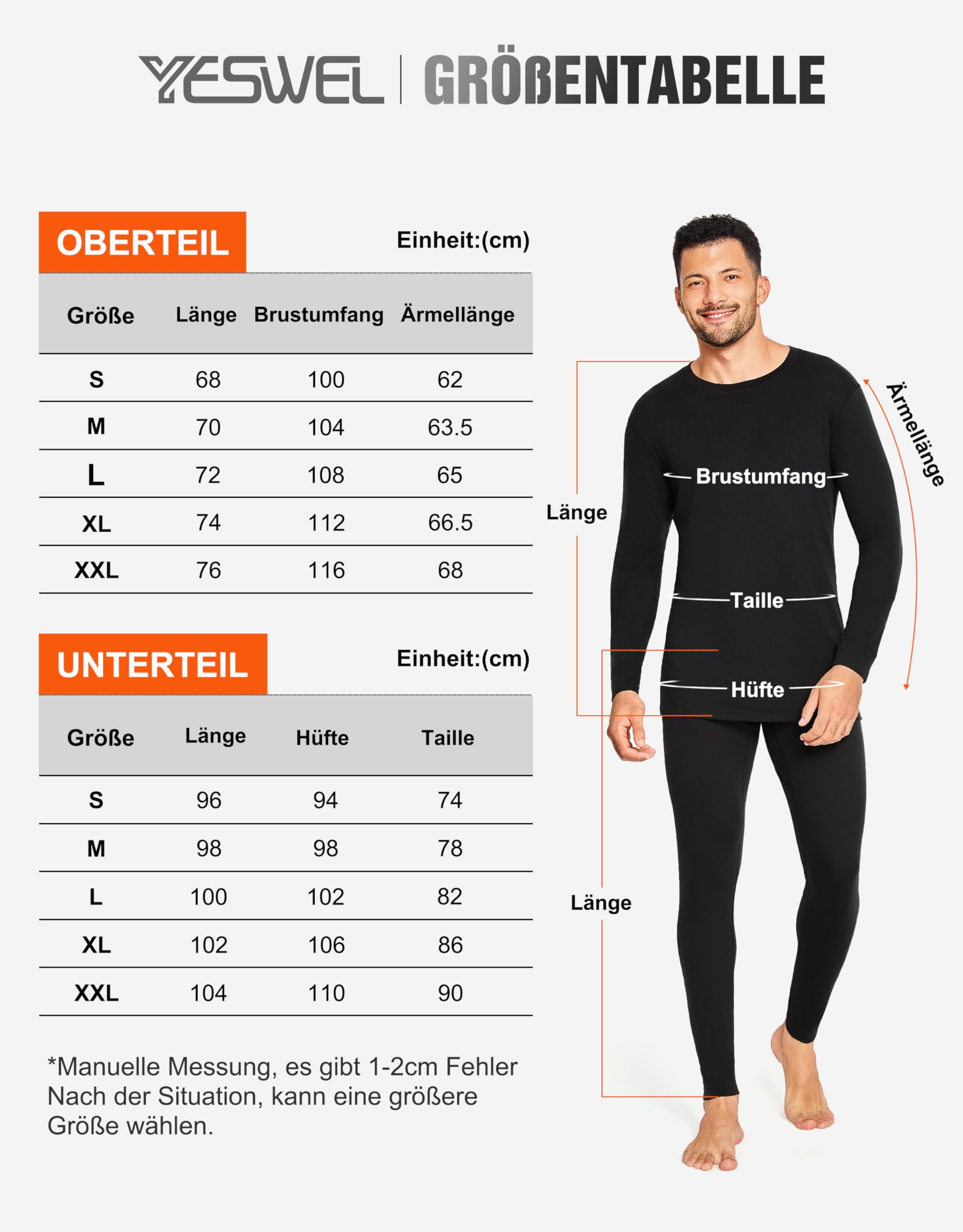 YESWEL 100% Merino Unterwäsche Herren Set, Weich Winter Thermounterwäsche, Warme Merinowolle Skiunterwäsche, Langarm Shirt und Hose (Gr.M-XXL)