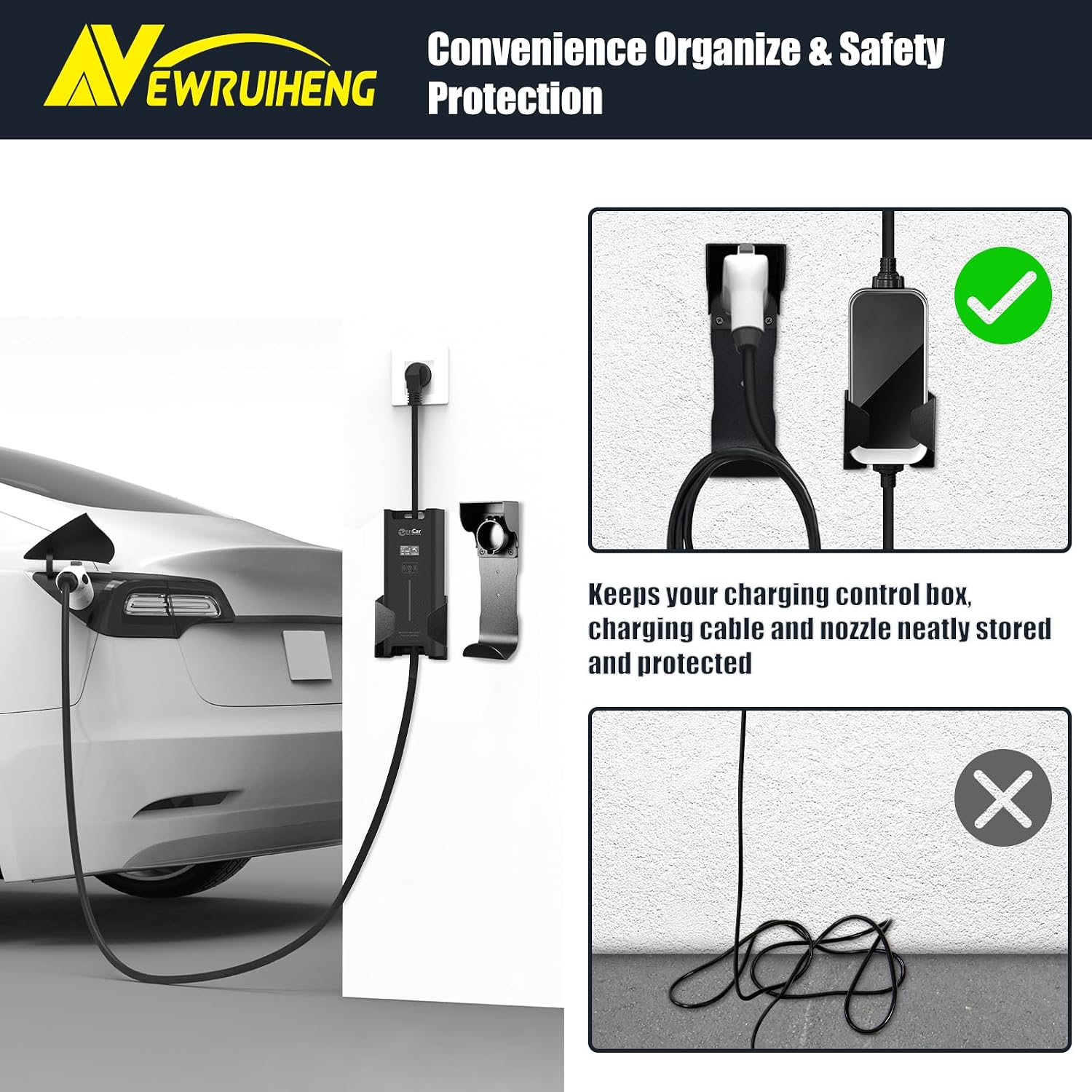 EV Charger Holder and Control Box Holder Set, Wall-Mount Electric Vehicle Charger Storage, Nozzle Holster Dock and Cable Organizer Combination for SAE J1772 Connector