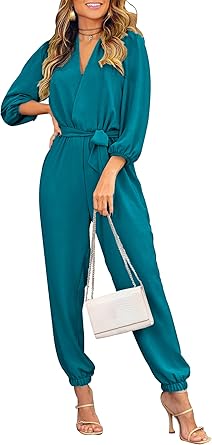 PRETTYGARDEN Women's Fall Jumpsuits Dressy Casual Pants Romper Spring Long Sleeve V Neck Belt Pockets One Piece Outfits