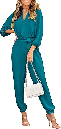 PRETTYGARDEN Women's Fall Jumpsuits Dressy Casual Pants Romper Spring Long Sleeve V Neck Belt Pockets One Piece Outfits