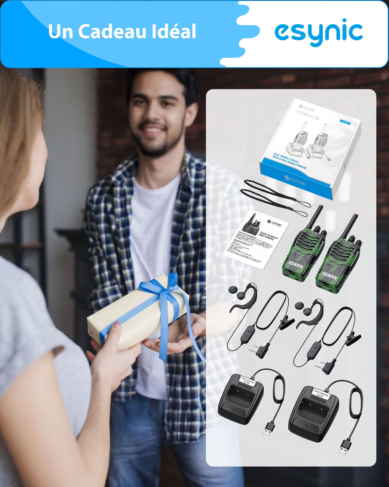 eSynic 2PCS Talkie Walkie Portable Rechargeable avec Écouteurs 16 Canaux PMR446 sans Licence Alerte Batterie Faible Batterie Rechargeable 1500 mAh Talkie Walkie Longue Portée avec Lampe Torche LED