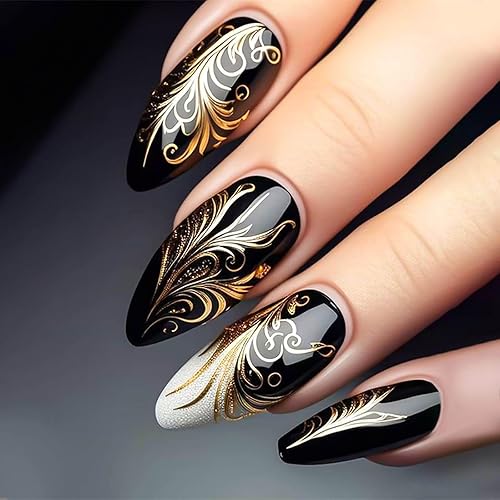 RUOKEXIN Medium Press on Nails Almond Fake Nails Black False