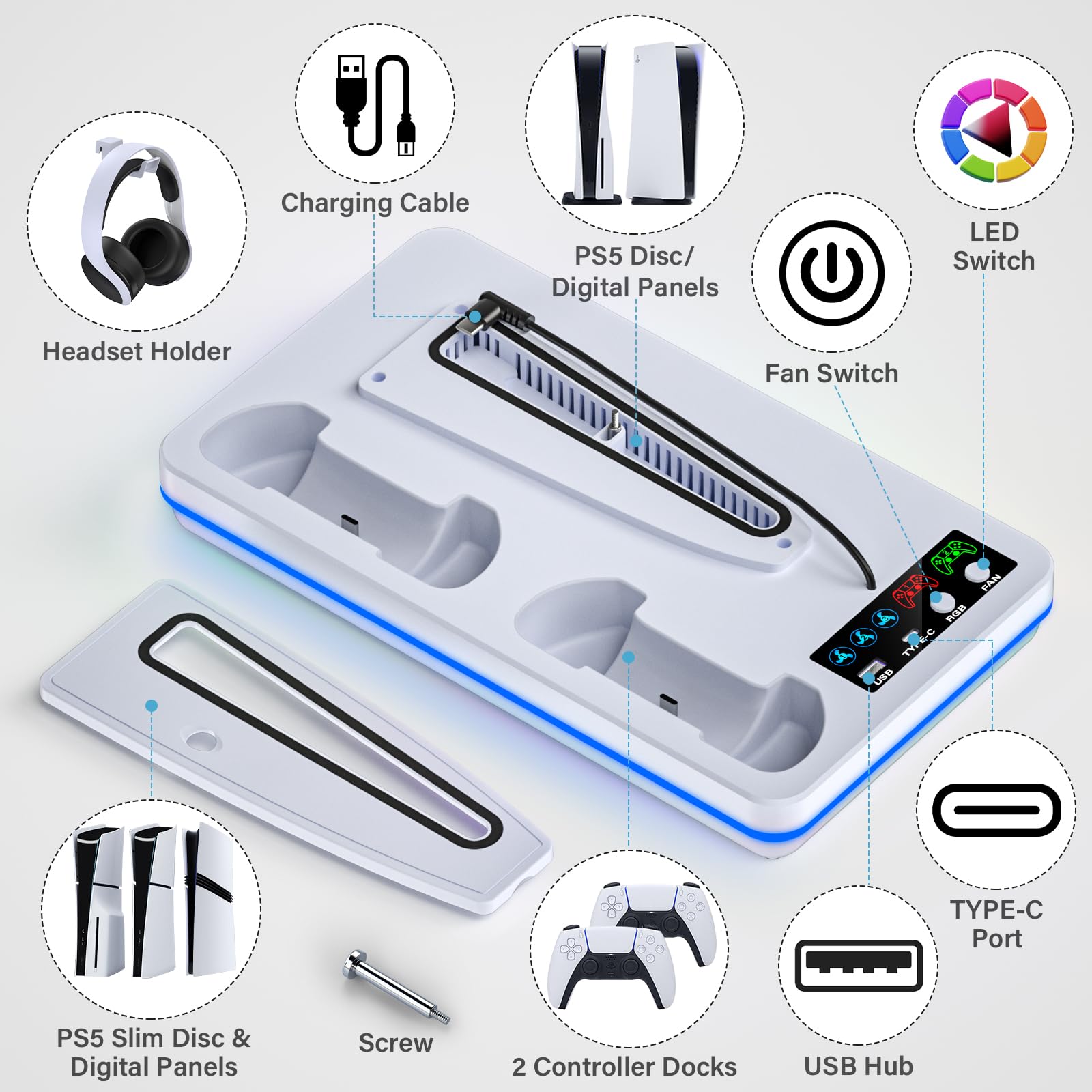 Fegliea Supporto sottile per PS5/PS5 con stazione di raffreddamento, supporto di raffreddamento PS5 con stazione di ricarica a doppio controller per PlayStation 5 Disc e console digitale, accessorio