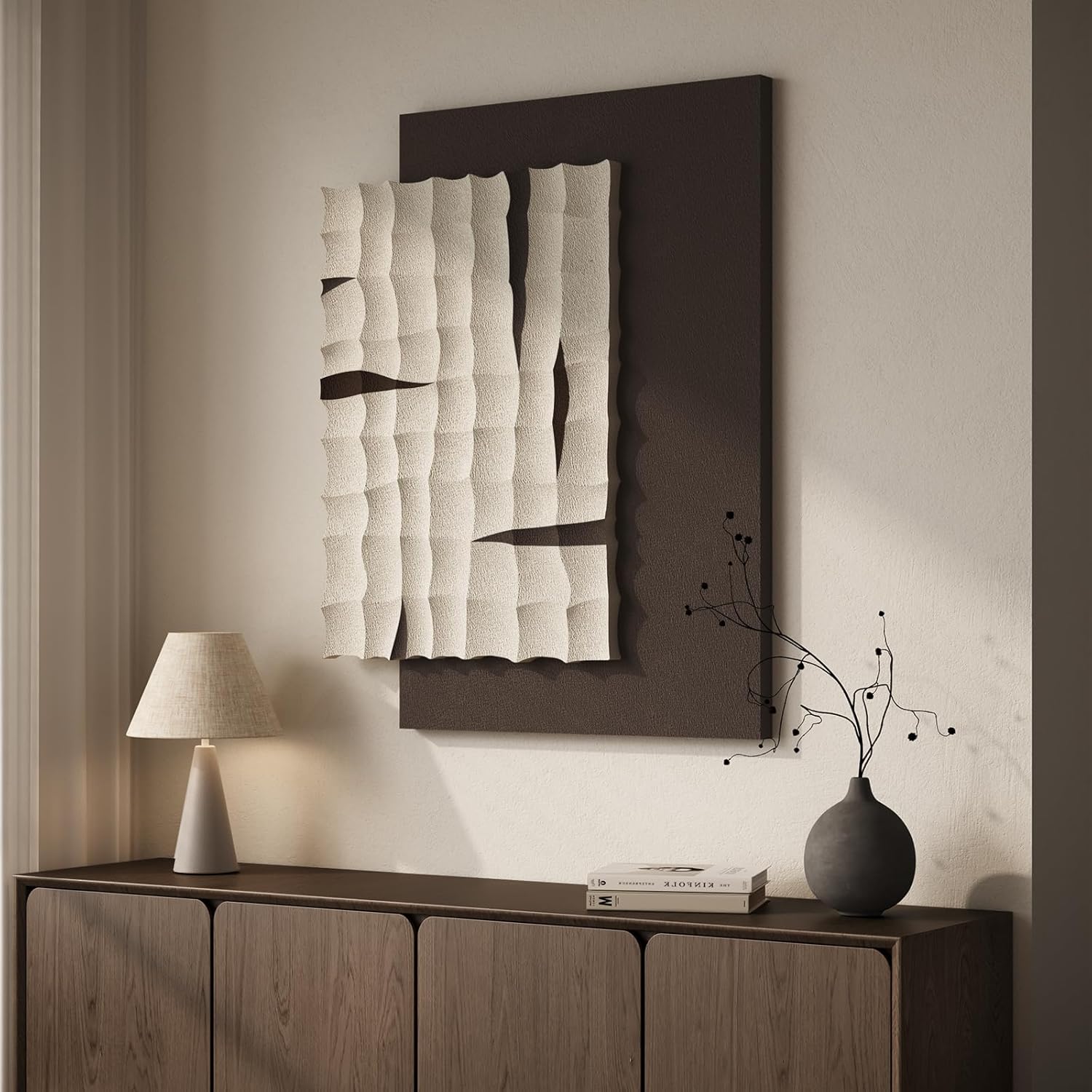 Large 3D Textured Abstract Wall Art for Living Room, Vertical Modern Geometric Brown Beige Artwork for Walls, Minimalist Wabi-Sabi Sandstone Wall Decor for Entryway, Hallway, Kitchen, Home Office