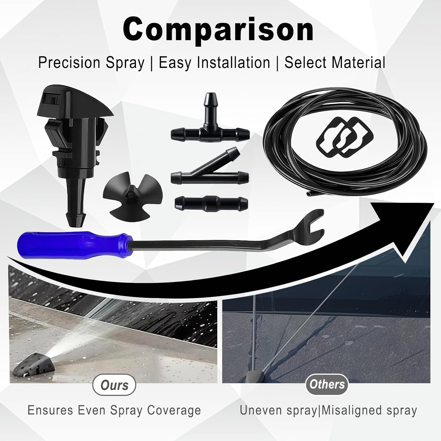 Windshield Washer Hose Repair Kit, 4M Washer Hose 6 Connectors 2 Sprayer Nozzels 2 Rubber Gaskets 10 Clips, Car Accessories Replacement for Jeep Chrysler Dodge Ram, Blue