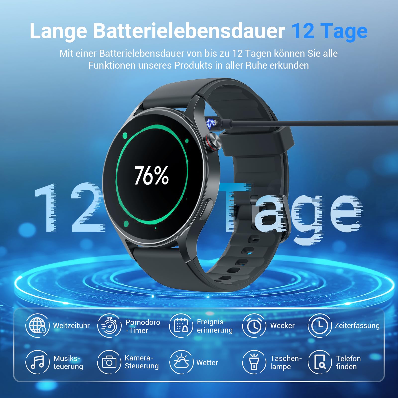 Smartwatch Herren Rund mit Telefonfunktion 1.32" AMOLED Display Fitnessuhr 110+ Sportmodi 3ATM Schrittzähler Pulsmesser SpO2 Schlafmonitor Schwarz