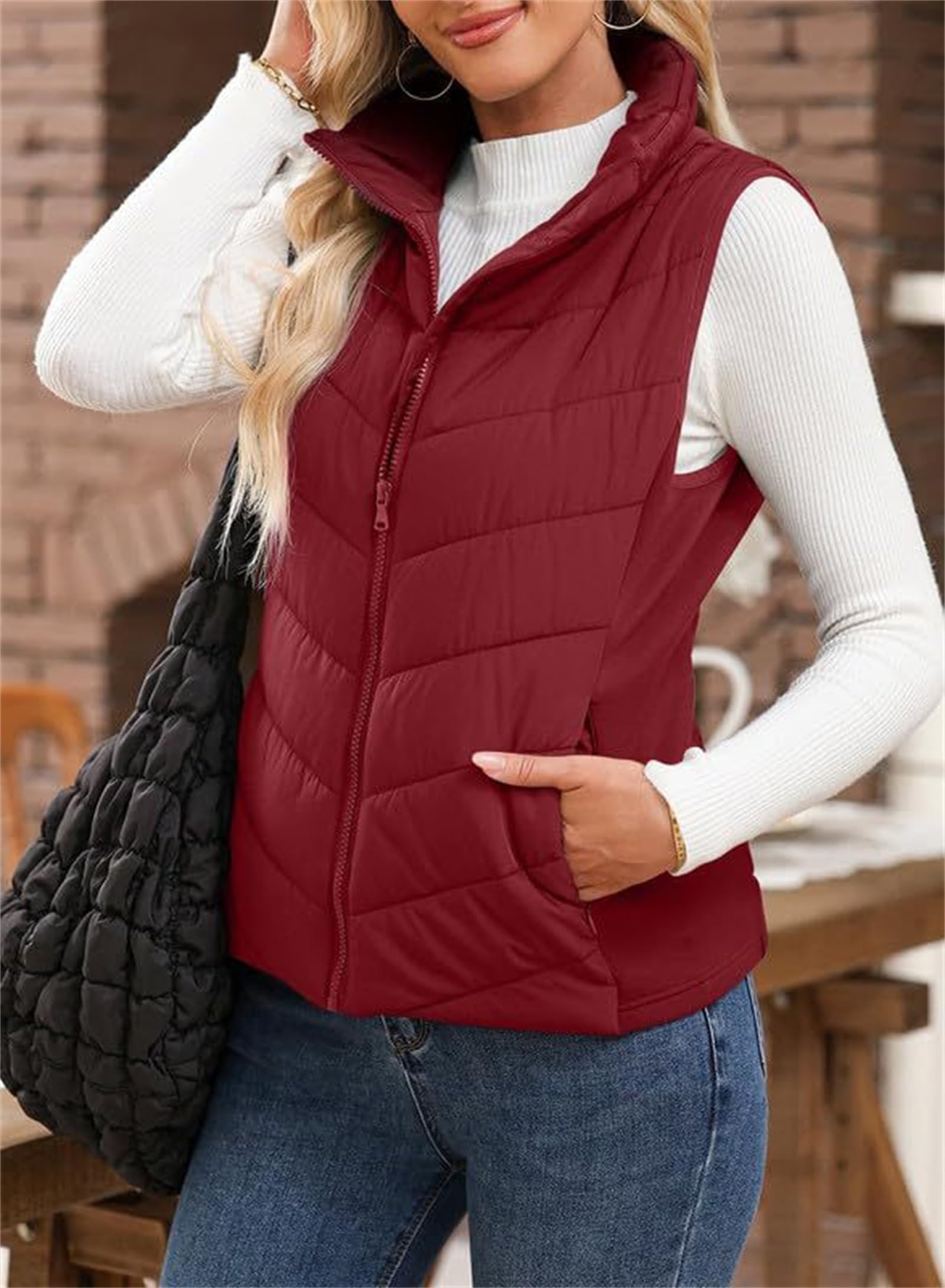 Holdretain - Chaleco acolchado para mujer, sin mangas, con cremallera, acogedor, ligero, cuello alto, chaqueta acolchada