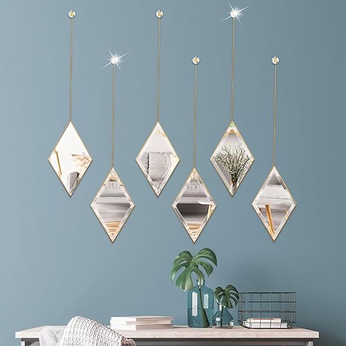 Miniatura 4 de PHOSPHOR Espejo de pared decorativo de diamante, juego de 3 piezas de espejo dorado para decoración del hogar con cadena colgante, espejos de pared
