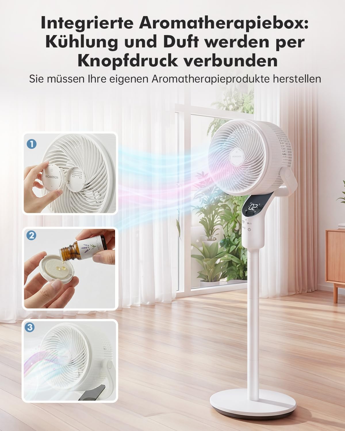 WOWDSGN Standventilator mit Fernbedienung, 22 dB leiser Ventilator für Schlafzimmer & Wohnzimmer, höhenverstellbarer Boden Ventilator mit 3D Oszillation, 8 Windgeschwindigkeiten & 15 St-Timer (Weiß)