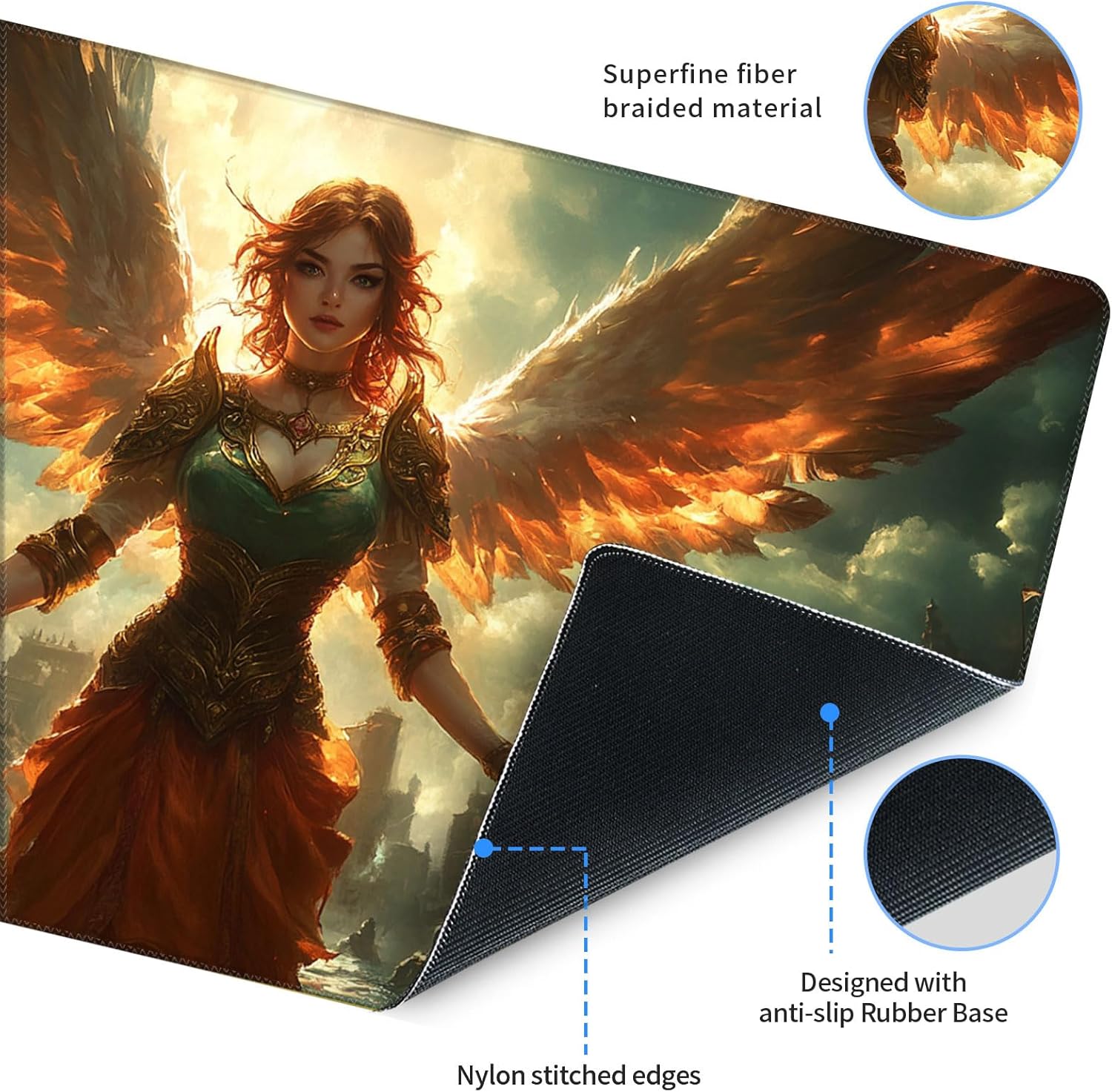 for MTG Playmat 24 x 14 Inches with Storage Bag, Magic The Gathering Playmat with Non-Slip Rubber Base, TCG Card Game Mat for MTG, Commander, Lorcana, Winged Angel in Ruins
