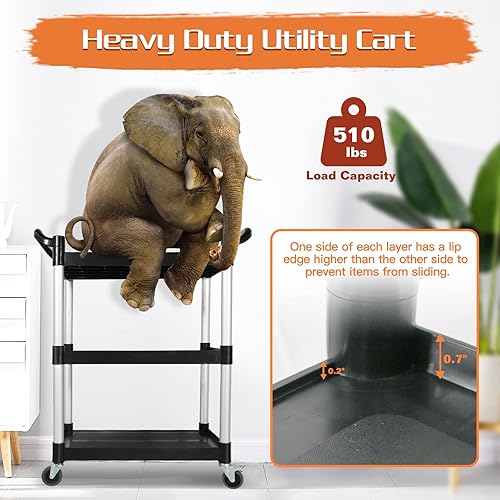 Miniatura 4 de Carros utilitarios con ruedas, carrito rodante de 3 niveles con ruedas, carrito de servicio de alimentos resistente de 510 libras con almohadilla de