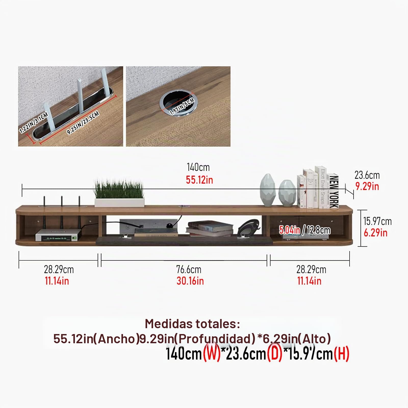 Estantería de tv flotante de madera, mueble colgante con almacenamiento, soporte de pared