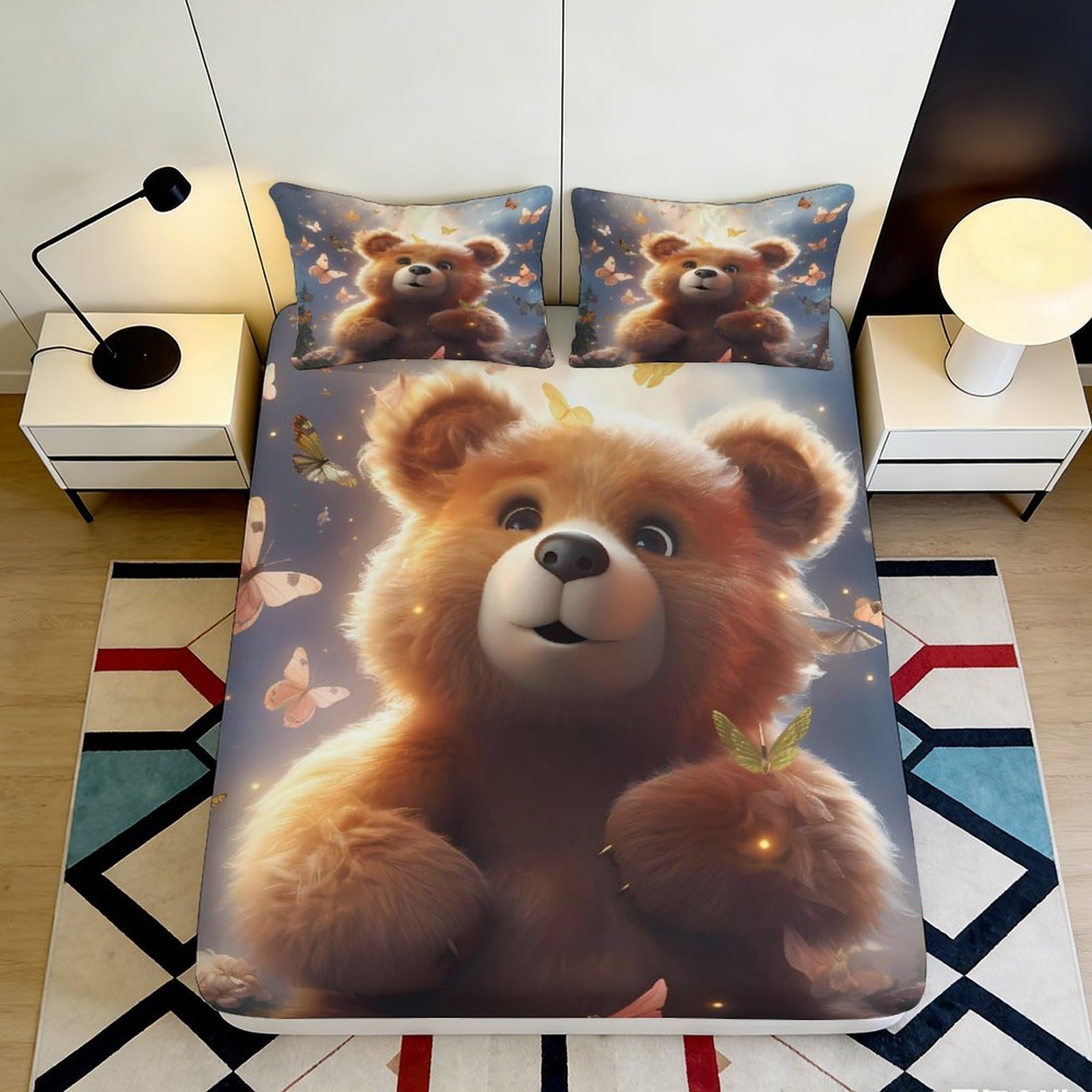 3D Printed Cute Teddy Bear Fitted Sheet Microfiber Soft Breathable Butterfly Bed Cover for Bedroom Dorm Decor 90x200x25cm