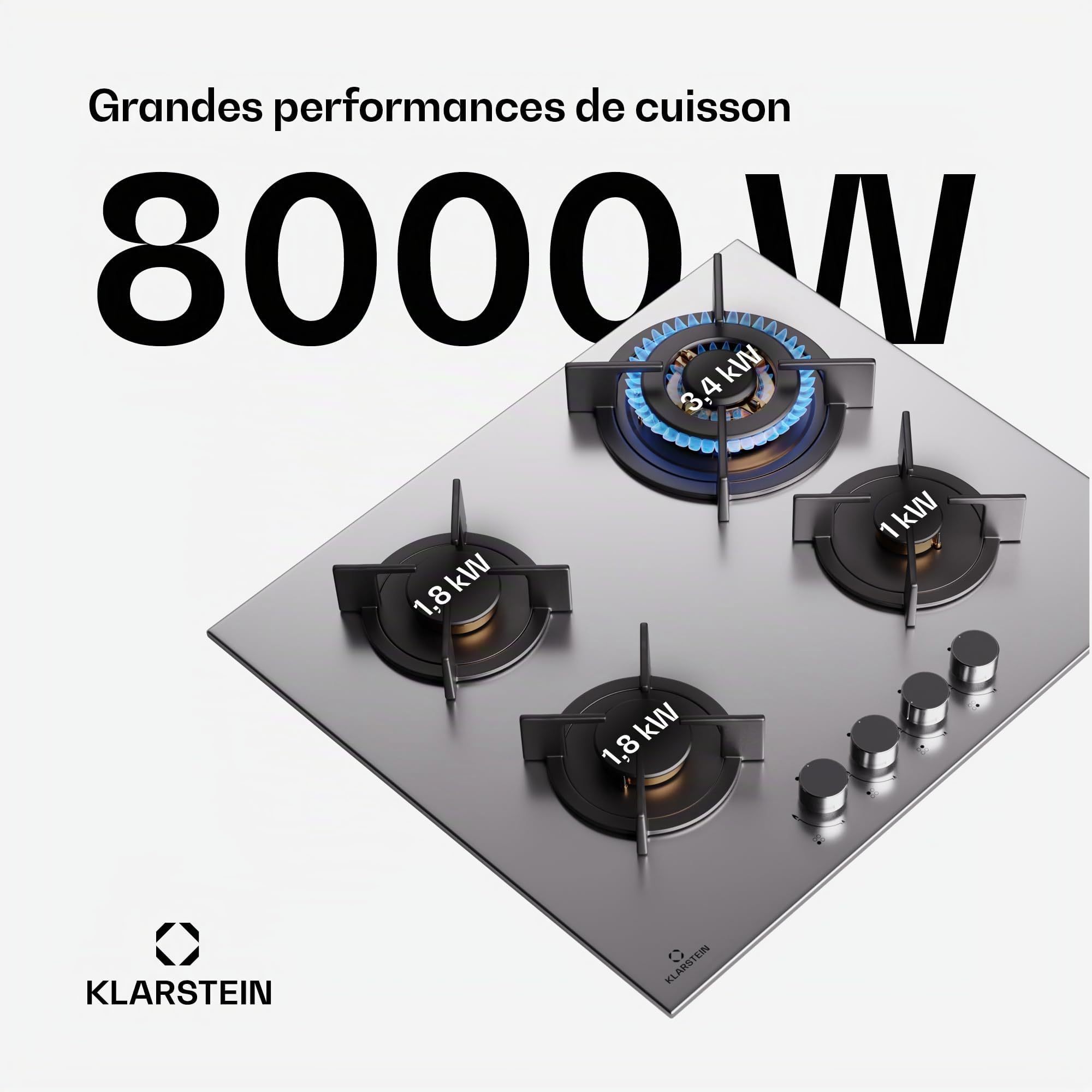 Klarstein Tables de Cuisson à Gaz, Plaque de Cuisson Gaz à 4 Brûleurs, Table de Encastrable à 4 Feux de 8000W, Cuisiniere Gaziniere avec Brûleurs en Acier Inoxydable, Cuisinières GPL