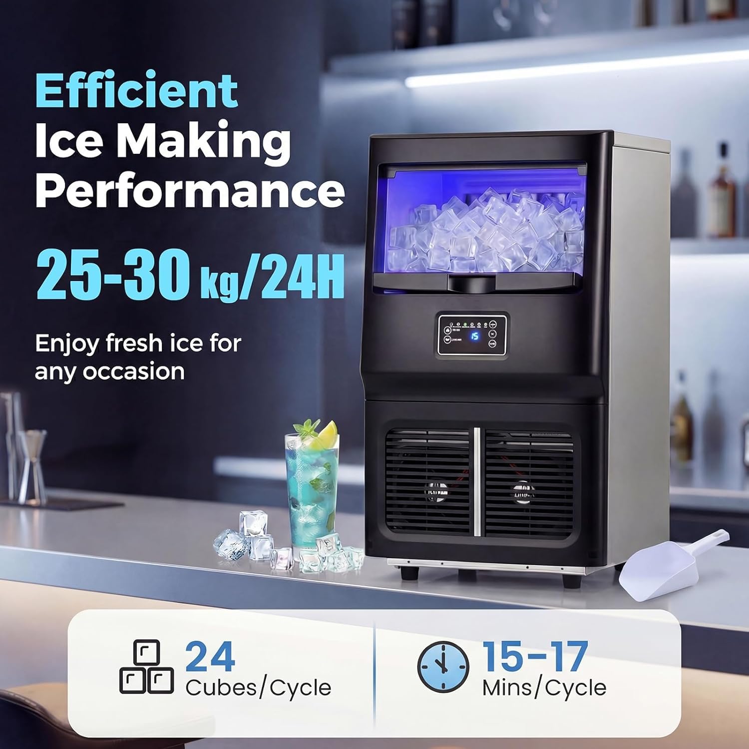 LIFEZEAL Macchina per Ghiaccio Commerciale 120W, 25 kg/24h, Macchina del Ghiaccio da Banco in Acciaio Inox con Paletta, Filtro PP per Acqua, Timer, Funzione Autopulente, per Ristorante, Ufficio, Bar