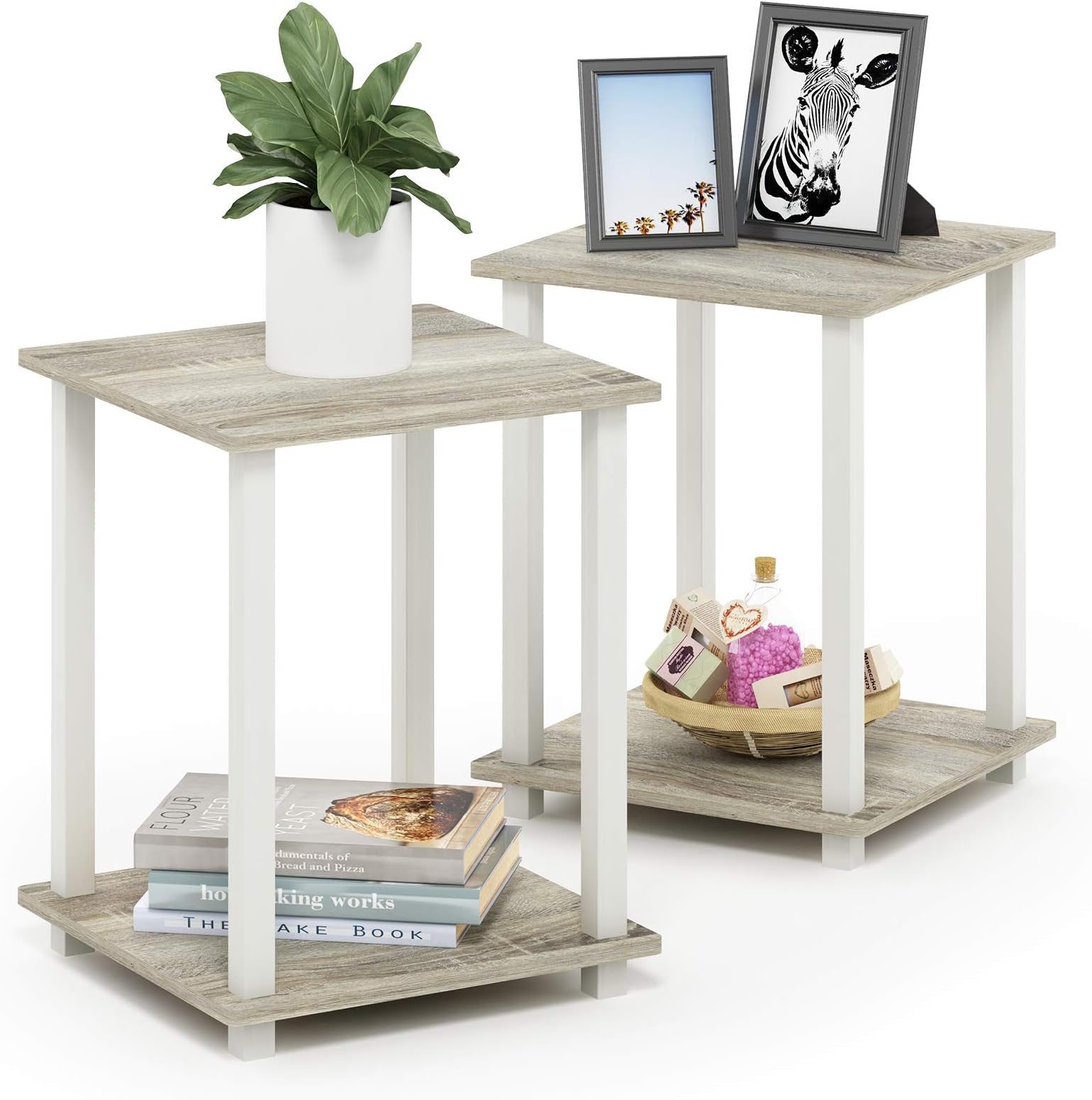 Furinno SIMPLISTIC Side Table Set of 2, 2-Tier Square Modern End Table, Nightstand, Night Stand, Bedside Table, Toolless Assembly, for Living Room, Bedroom, Sonoma Oak