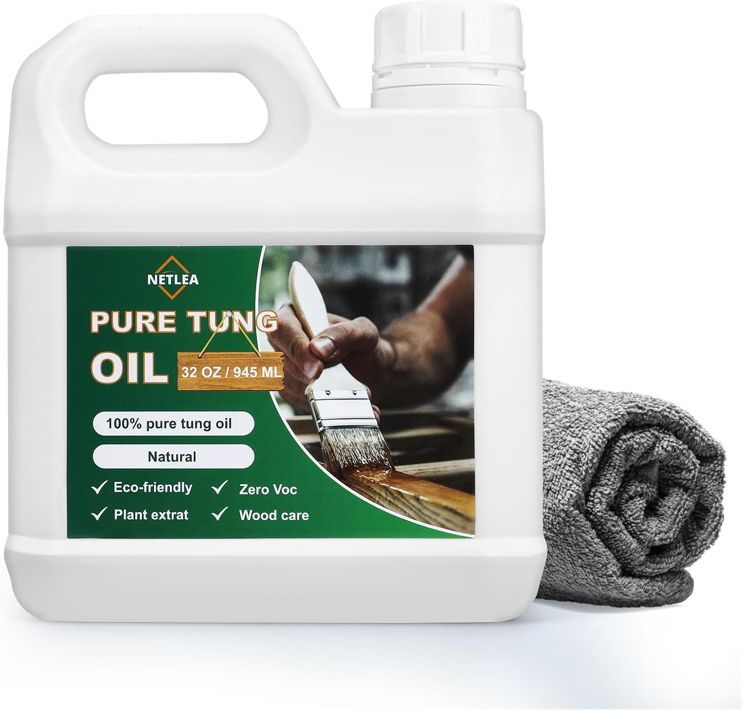 32OZ 100% Pure Tung Oil for Wood–Food Safe Wood Oil for Indoor & Outdoor Use, Ideal for Furniture, Floors, Countertops & More – Includes Soft Towel