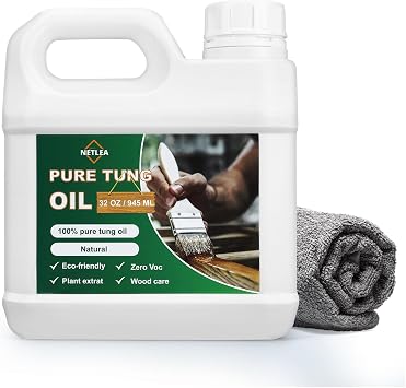 32OZ 100% Pure Tung Oil for WoodPure Natural Wood Oil for Indoor & Outdoor Use, Ideal for Furniture, Floors, Countertops & More Includes Soft Towel