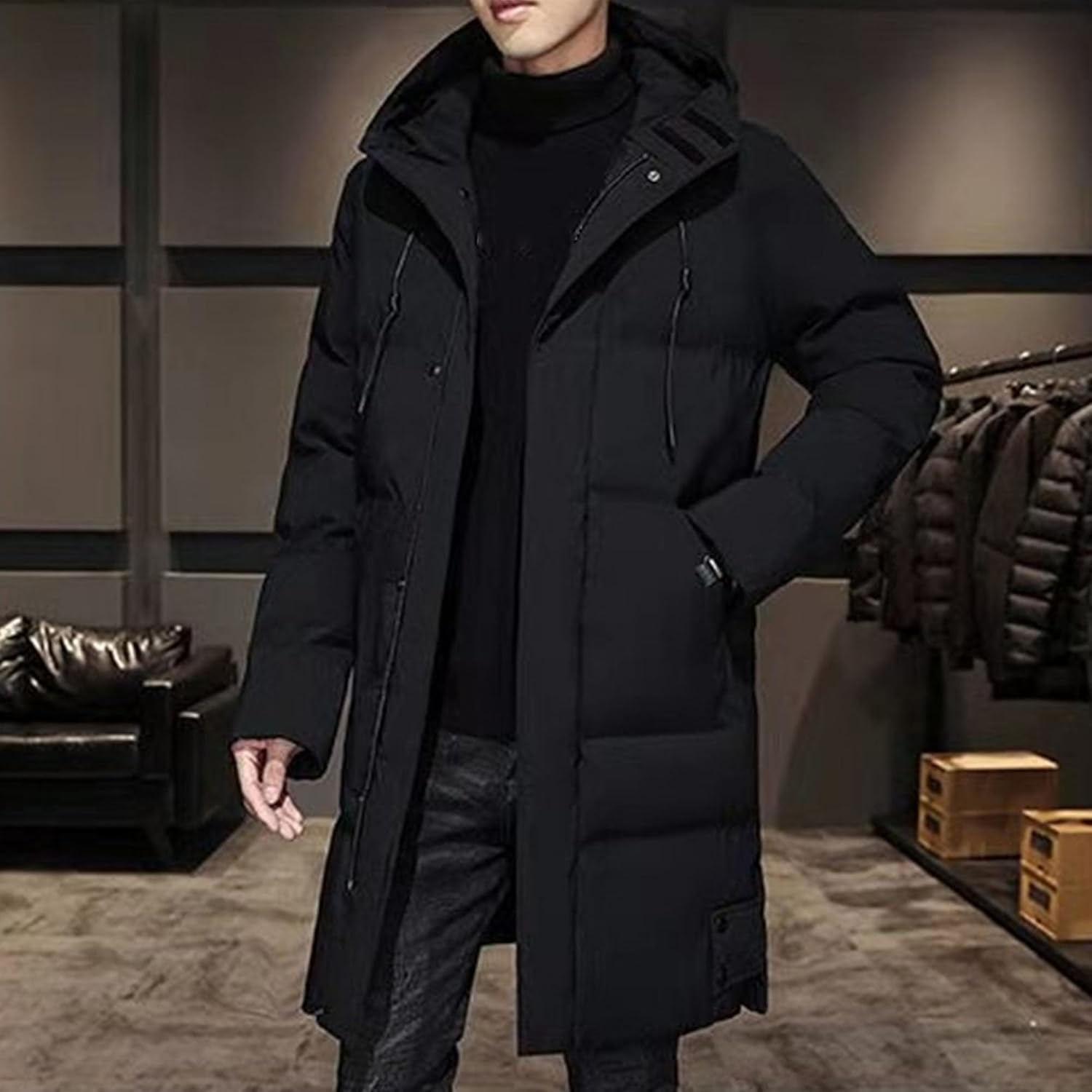 Men Winter Warm Solid Puffer Jacket Classic Decent Hooded Down Outerwear Mid Long Casual Zipper Down Overcoat