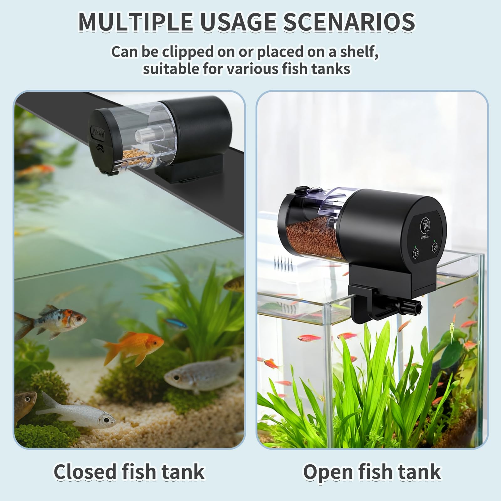 Distributeur Automatique Nourriture Poissons Aquarium,100ml, 7 Niveaux Minuterie 12/24h - Ultra Silencieux Fonctionne à Piles Installation Facile pour Maison et Bureau(Aucune Pile Incluse)