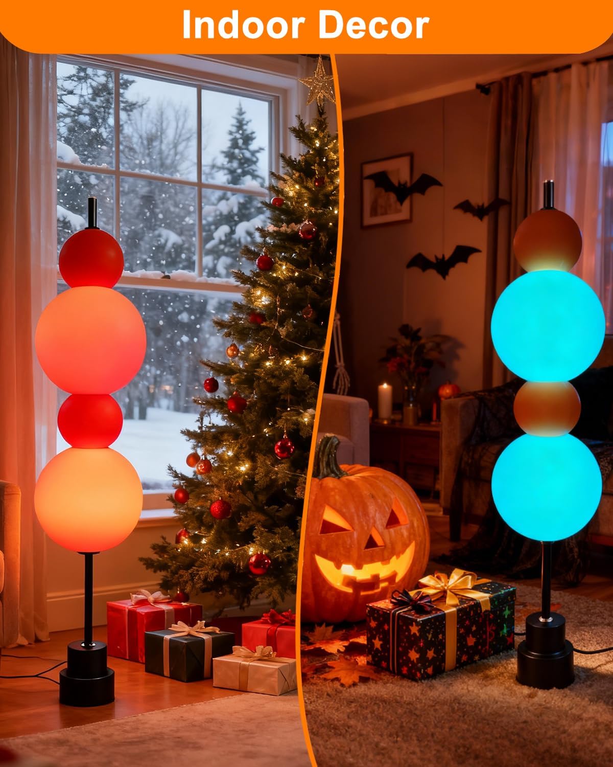 Orange Globe Floor Lamp -RGB& 3000K Dimmable LED, Touch Switch, Modern Tall Standing Lamp for Bedroom, Living Room, Home Office