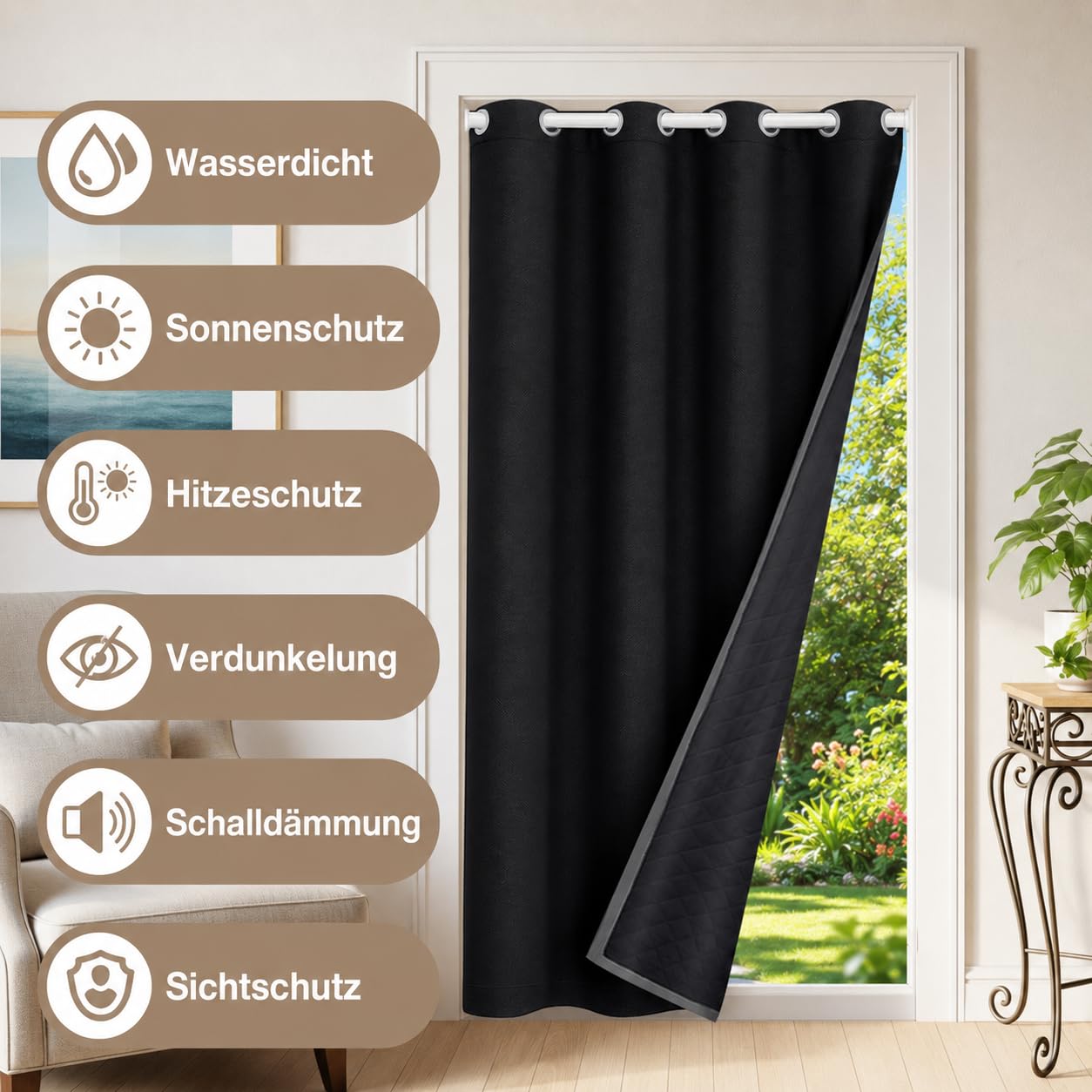 Rideaux de porte (Noir, B132xH203cm)