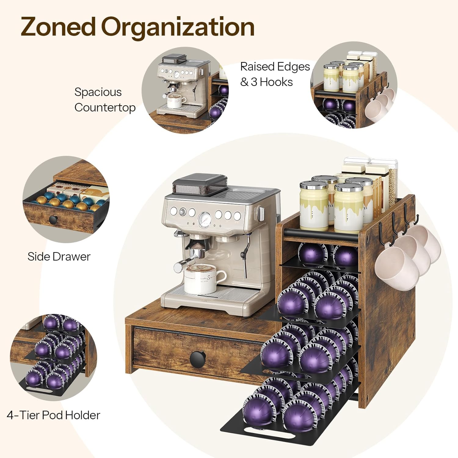 Coffee Pod Drawer Holder, 72 Pods Large Capacity, 4 Tier Holder for Vertuo, Coffee Pod Drawer Holder, KH06BR-KH02BR