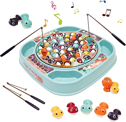 Miniatura 1 de Juego de pesca magnético para niños, juguete de pesca eléctrico con música y 45 peces, juego de 4 cañas giratorias, juegos de mesa robo peces,