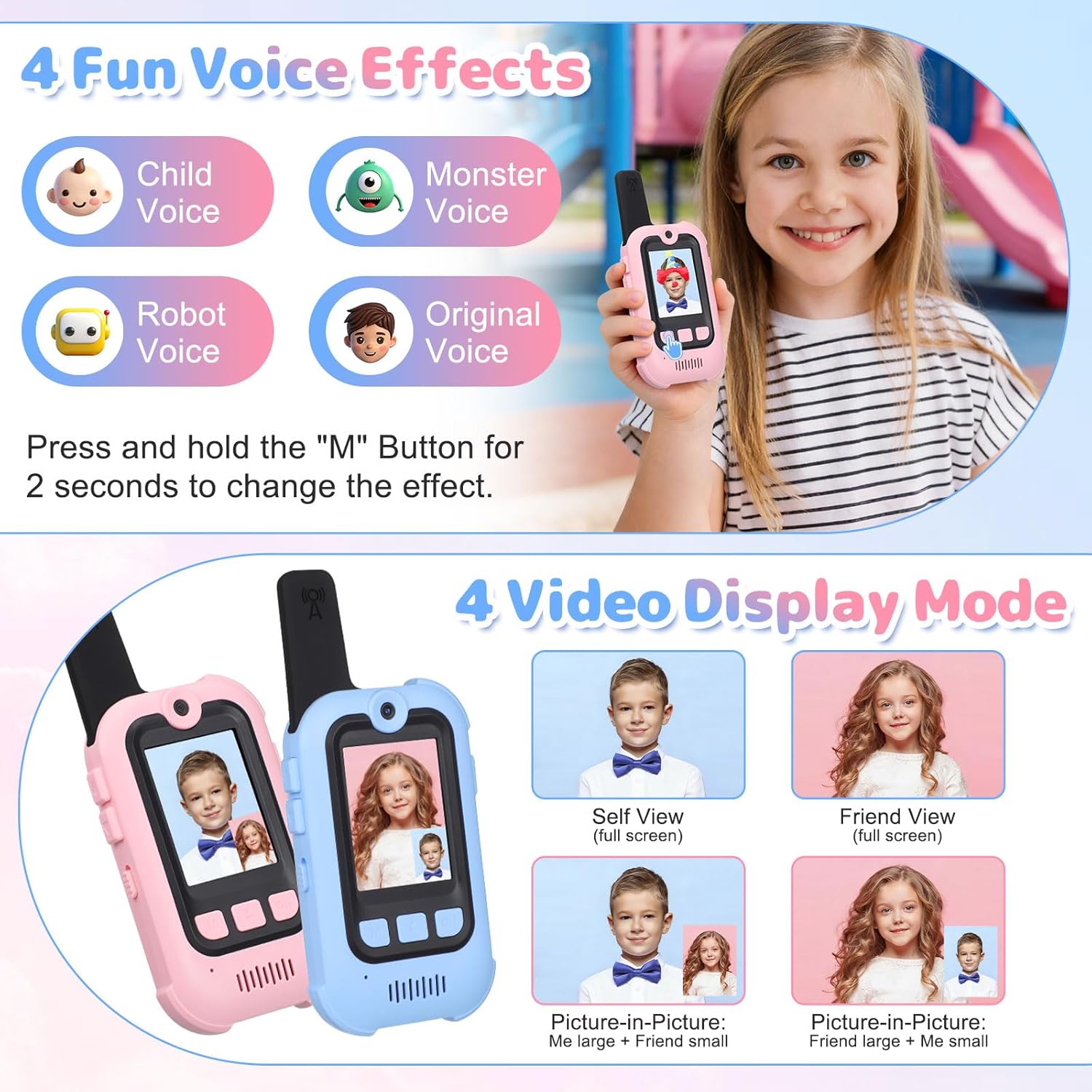 Video Walkie Talkies for Kids with Voice Changer, 2 Pack Rechargeable Kids Walkie Talkies with Real-Time Screen & Sticker Effect & Camera, 1000 Feet Long Range 2 Way Radio Toys for Boys/Girls 3-12