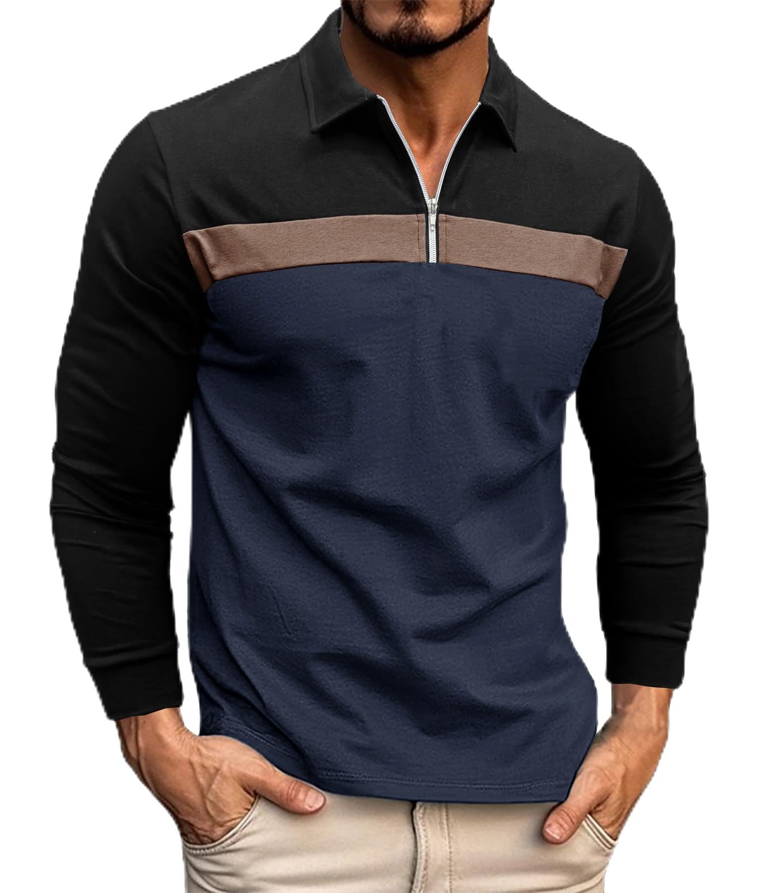 Nuofengkudu Men's Color Block T-Shirt Long Sleeve Casual Patchwork 1/4 Zip Collar Work Tee Shirts