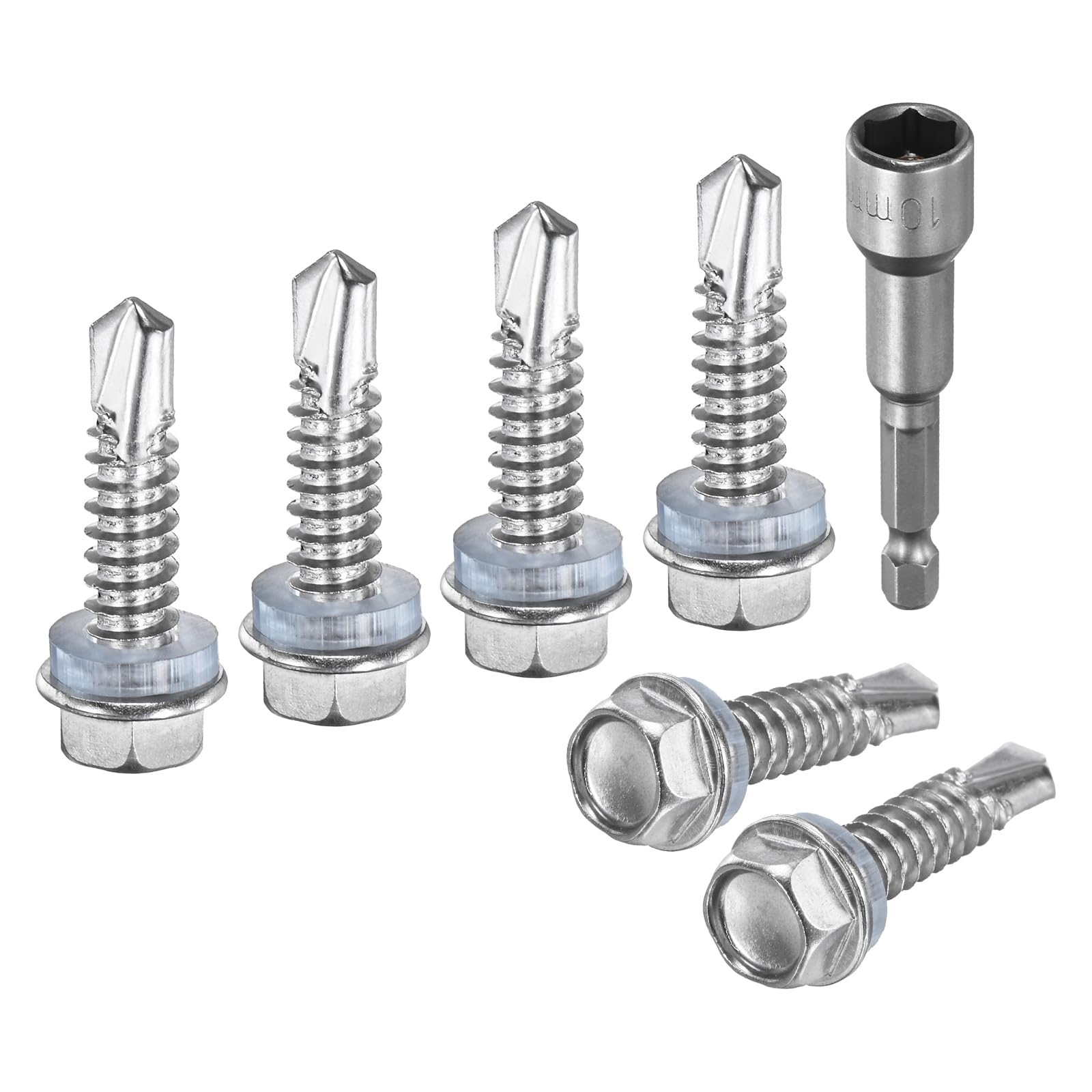M METERXITY 100-Pack Self-Drilling Screws for Metal, #14x1" 410 Stainless Steel Hex Washer Head Self-Tapping Sheet Metal Screws with Hex Driver Bit