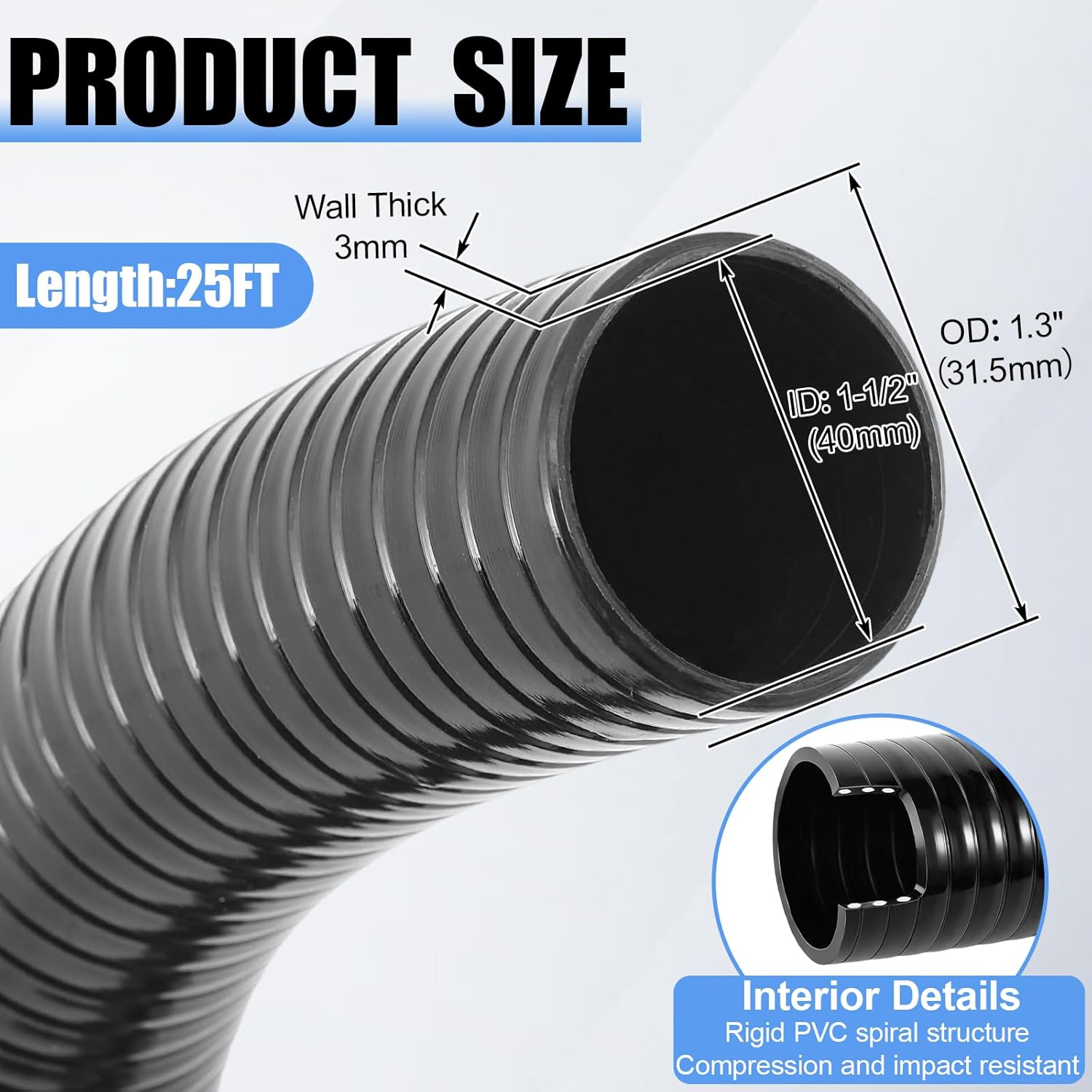 1.5" Dia Pond Pump Tubing, 50 ft x 1-1/2" Non Kink Flexible PVC Pipe, for Irrigation Koi Ponds Waterfall, Gardens Hose, Schedule 40 Reinforced Vinyl, UV Crush Resistant, Black
