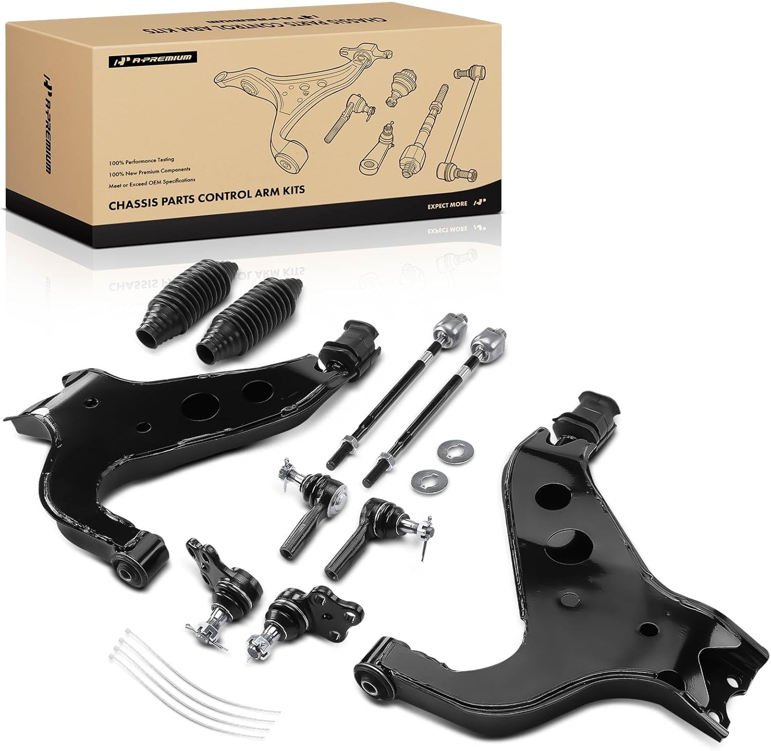 A-Premium Set of 10, Front Lower Control Arm, Lower Ball Joint, Inner Outer Tie Rod End, Compatible with Nissan Pathfinder 1996-2004, Infiniti QX4 1997-2003