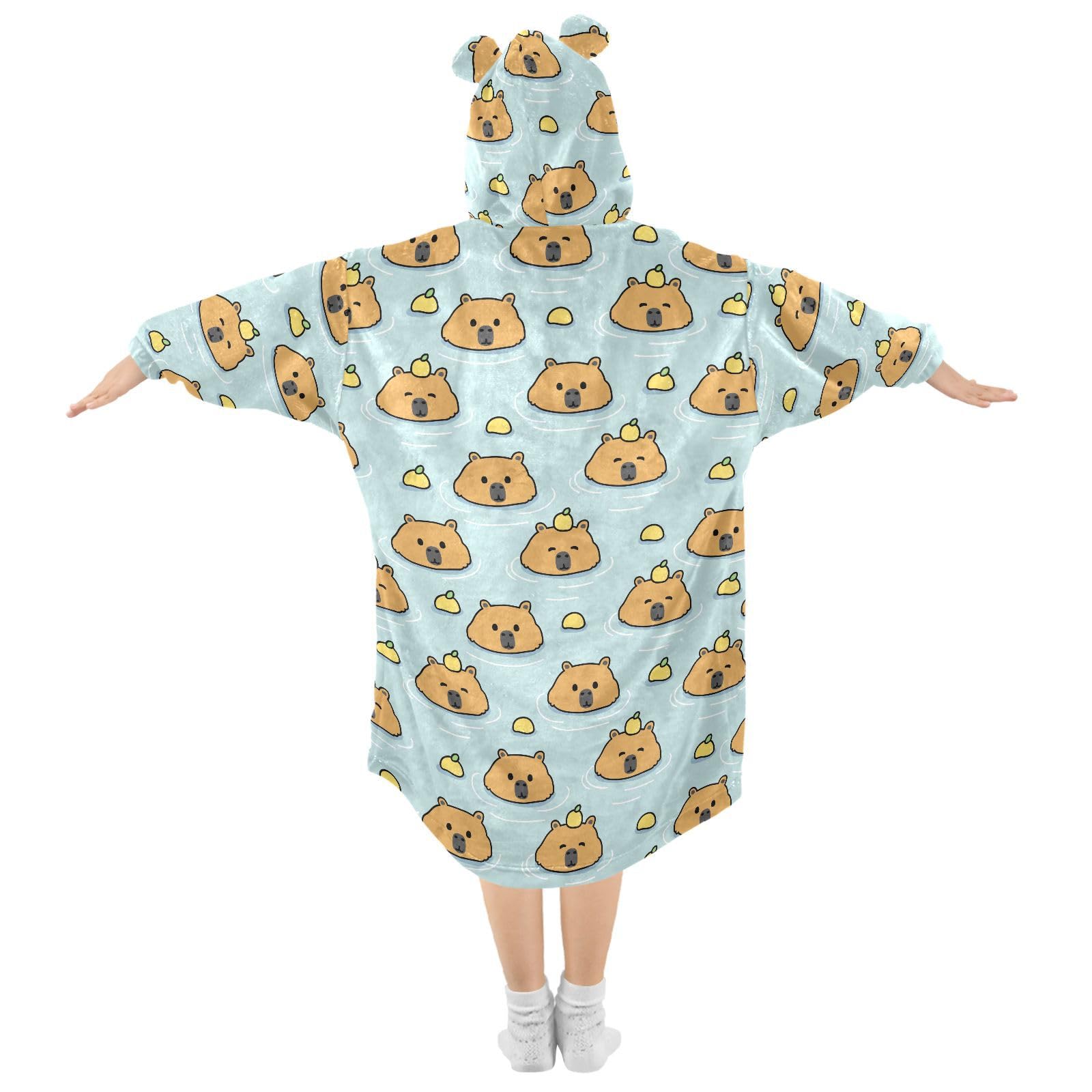 JHKKU Hoodie Blankets Sweatshirt Cute Capybara Lemon for Kids Warm Wearable Blanket with Pocket, Soft Comfortable Flannel Hoodie Blankets, Gifts for Girls Boys 3-14YR S