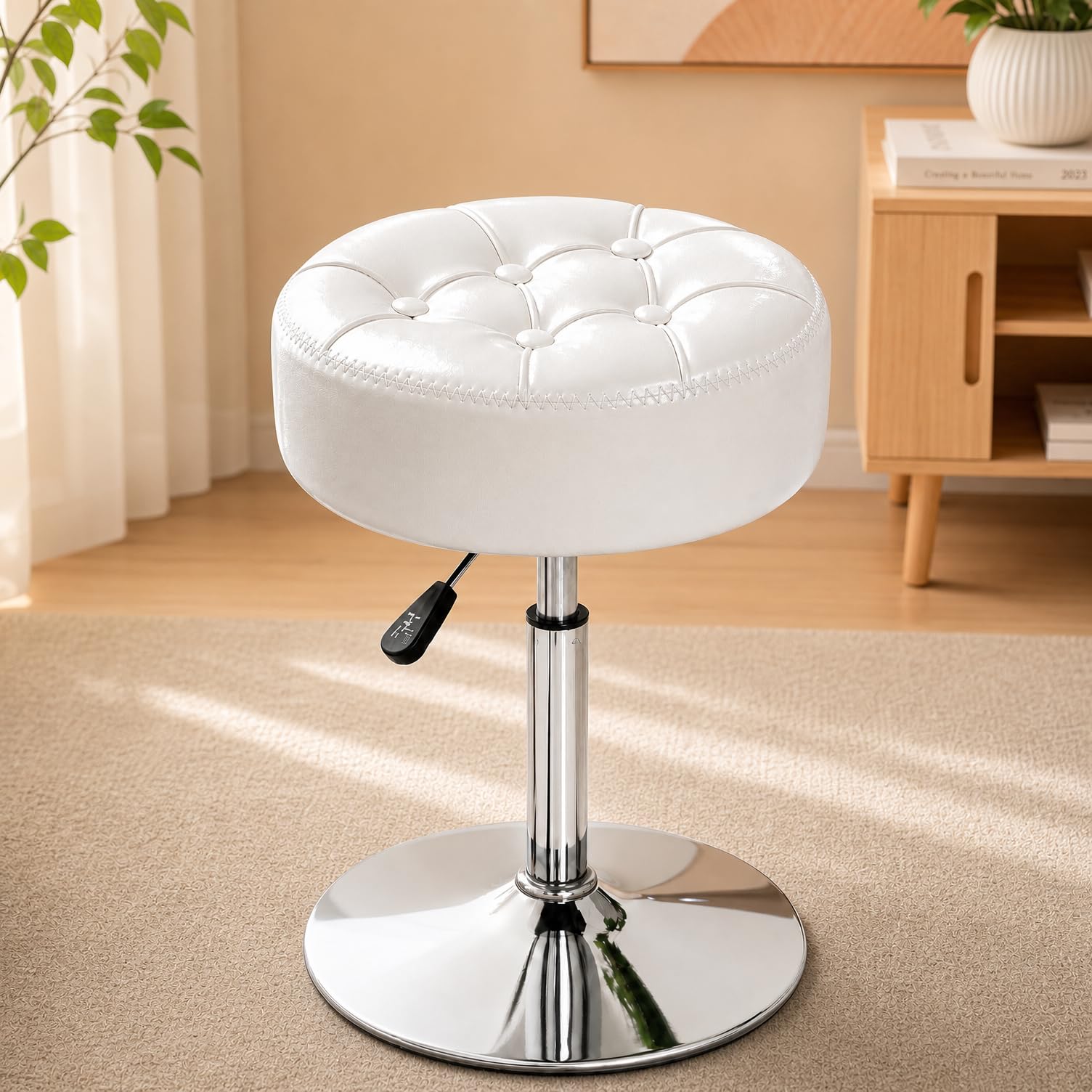 Photo 1 of XYPFURN Adjustable Vanity Stool with Round Seat, 360° Swivel Faux Leather Makeup Chair for Vanity, Heavy Duty Metal Base Small Ottoman for Bedroom Bathroom(White)