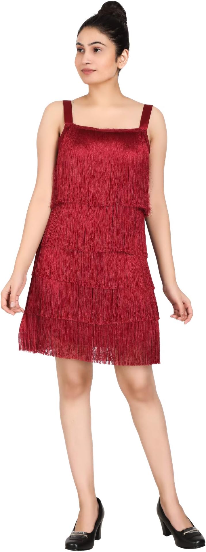 MISVERSEWomen's A-Line Knee Length Fringe Lace Embellished Dress
